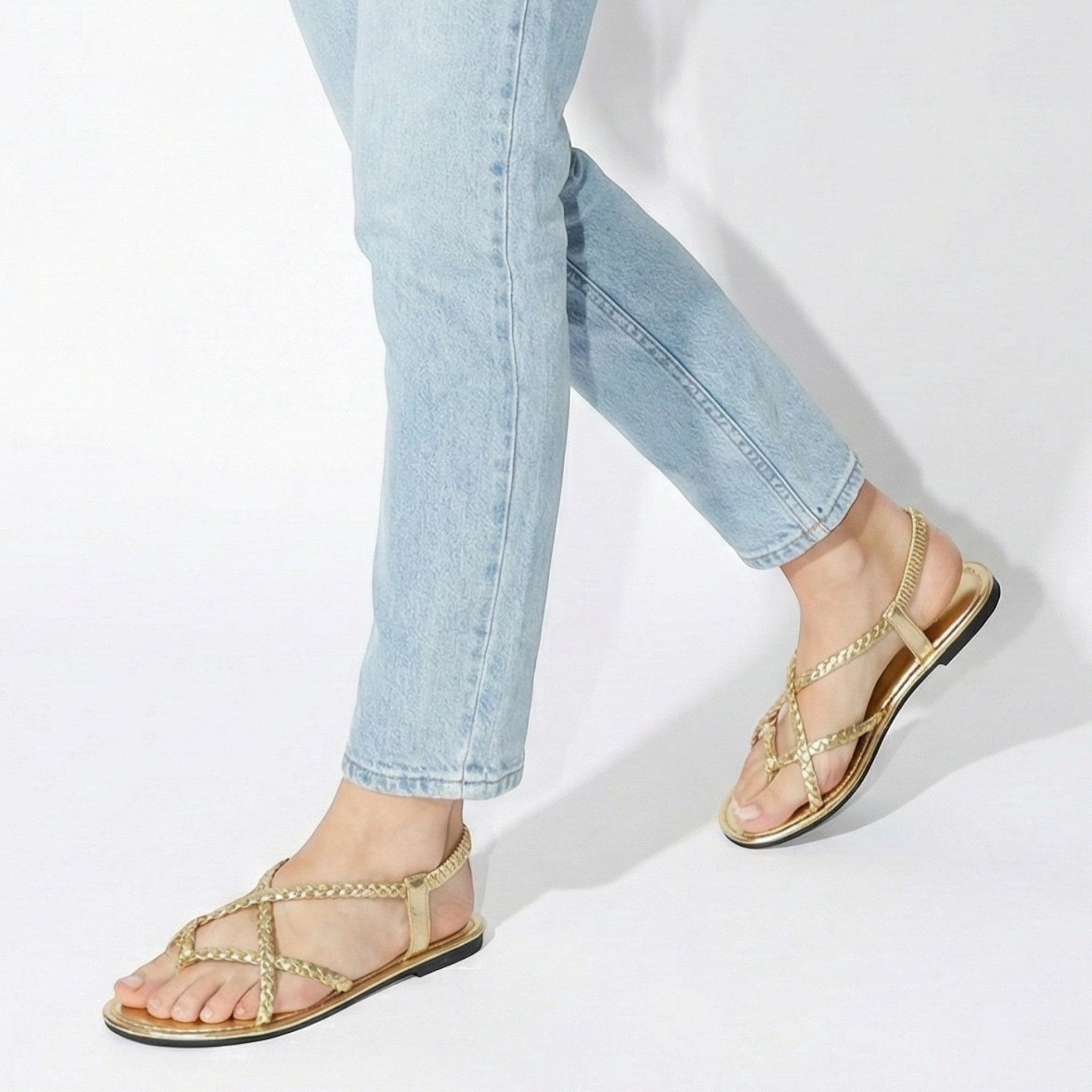 Imogen - Women's Flat Braided Strappy Sandals - Sandals - Gold - Taylor & Bennett