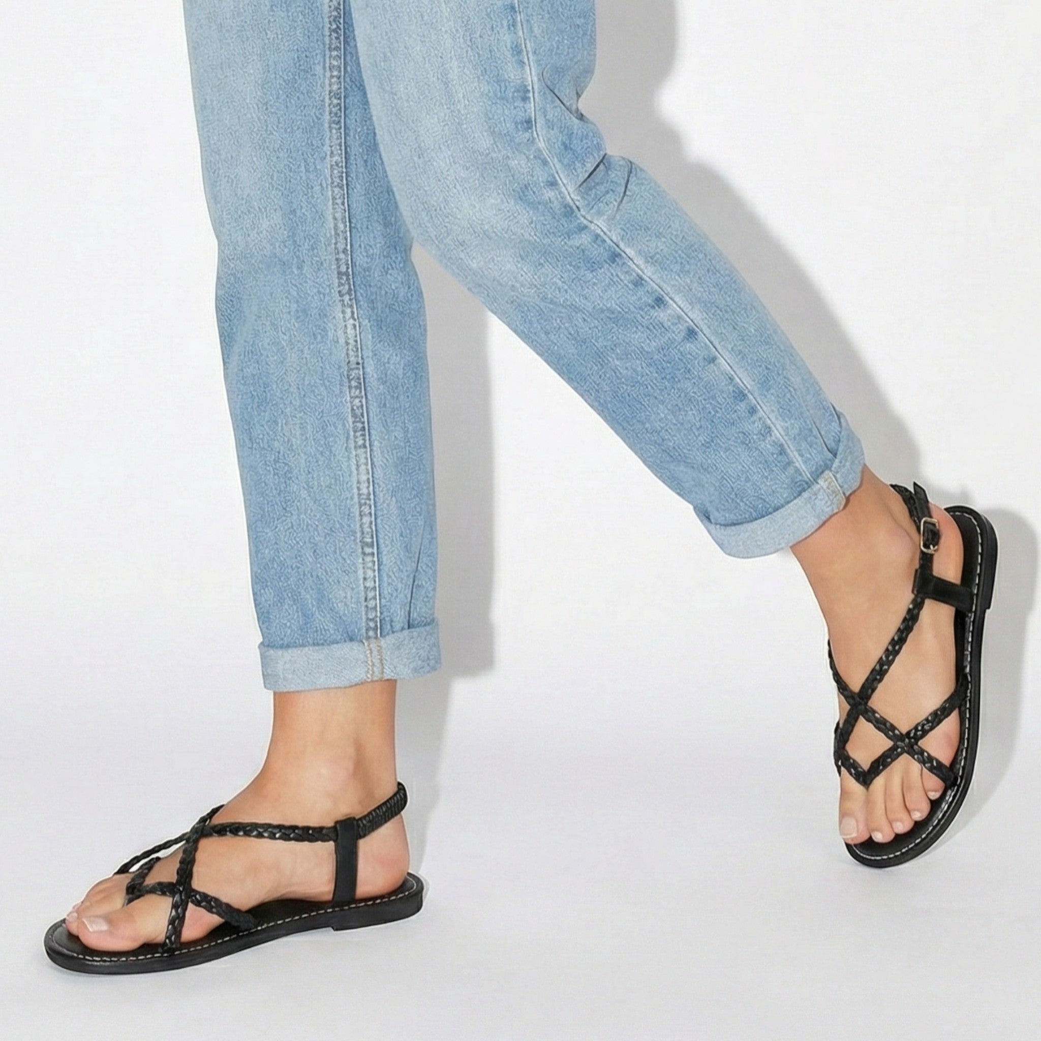 Imogen - Women's Flat Braided Strappy Sandals - Sandals - Black - Taylor & Bennett