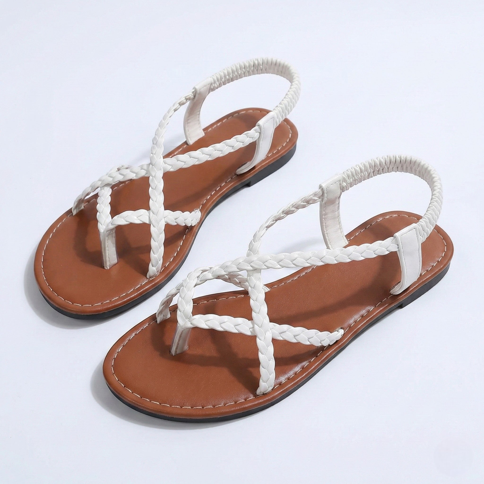 Imogen - Women's Flat Braided Strappy Sandals - Sandals - White - Taylor & Bennett