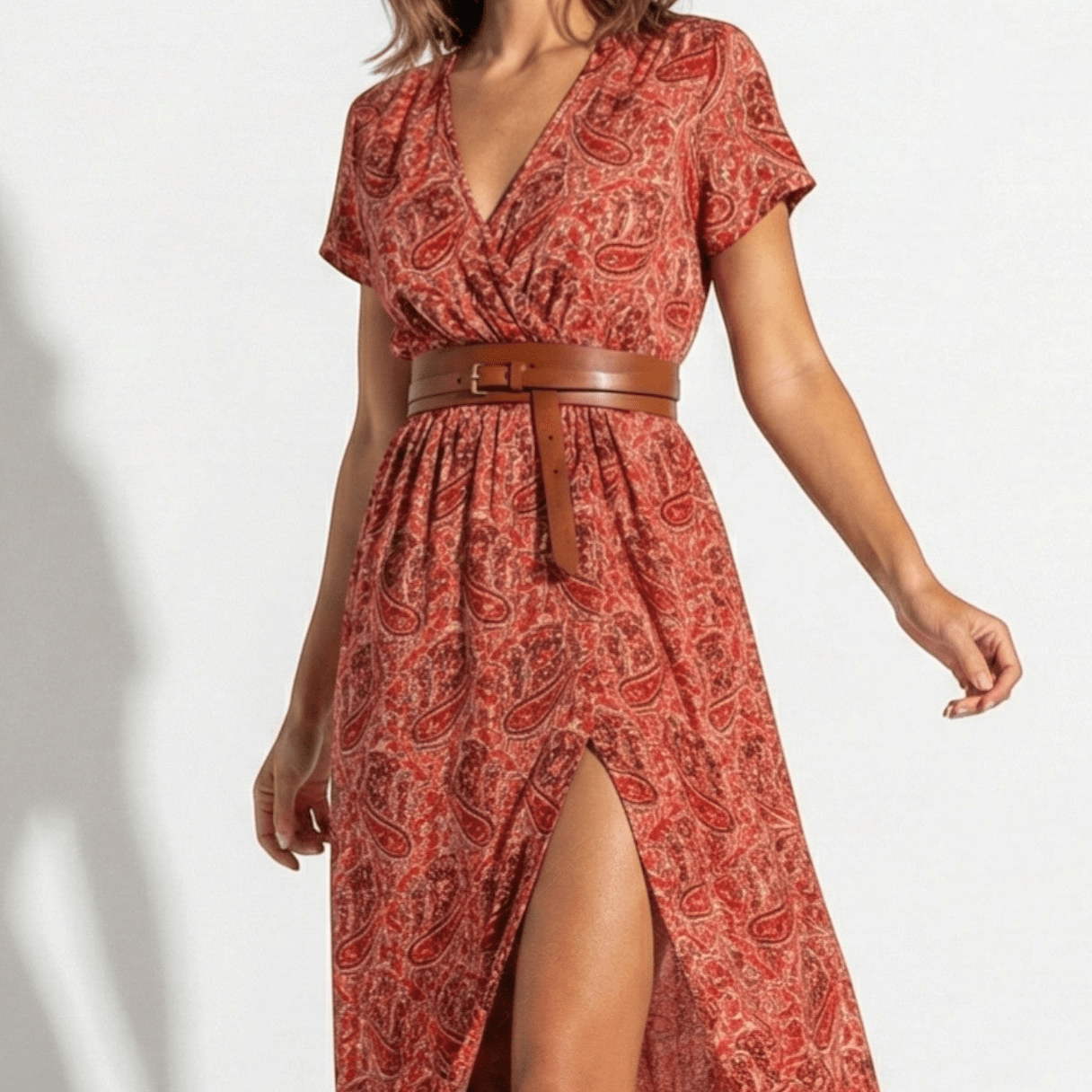Isabella - Women's Bohemian Floral Maxi Dress with Belt - Dresses - Dark Red - Taylor & Bennett