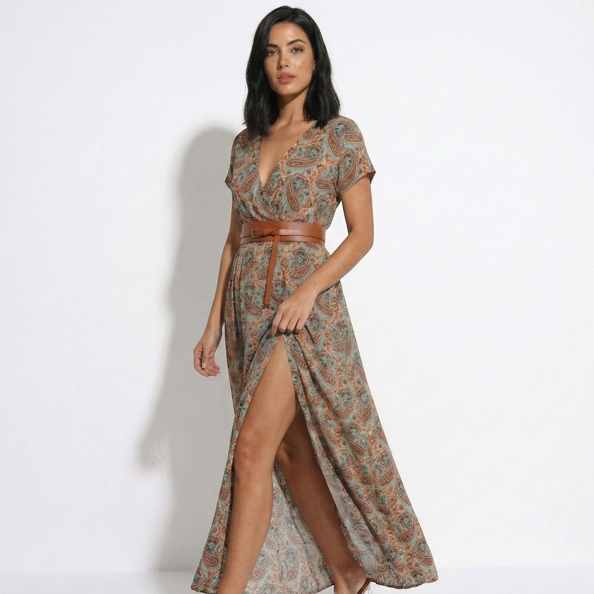 Isabella - Women's Bohemian Floral Maxi Dress with Belt - Dresses - Brown - Taylor & Bennett