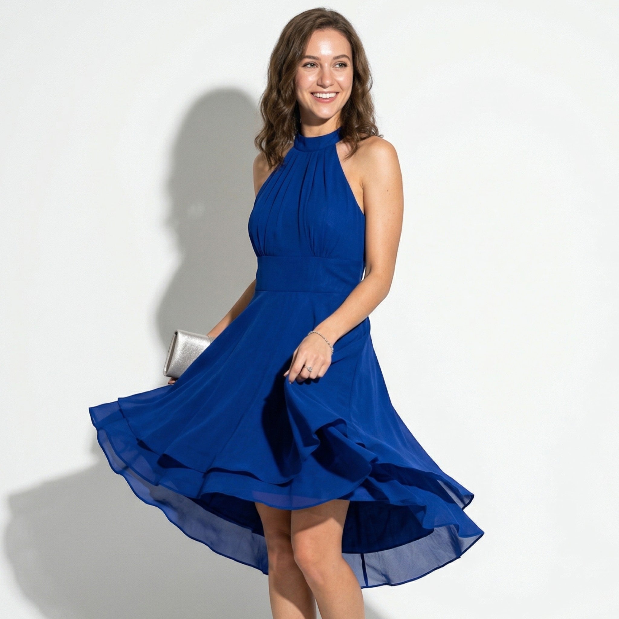 Isabella - Women's High Neck Chiffon Layered Mini Dress - Mini Dress - Navy Blue - Taylor & Bennett