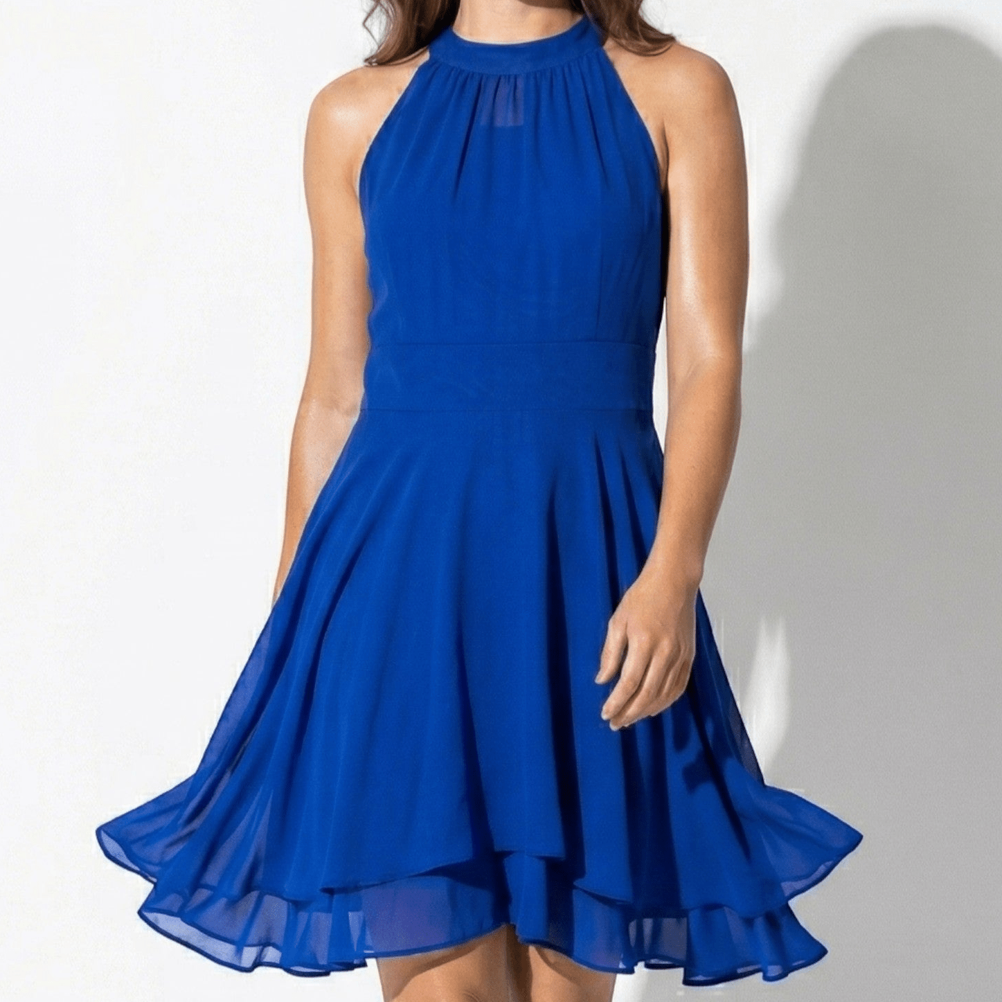 Isabella - Women's High Neck Chiffon Layered Mini Dress - Mini Dress - Blue - Taylor & Bennett