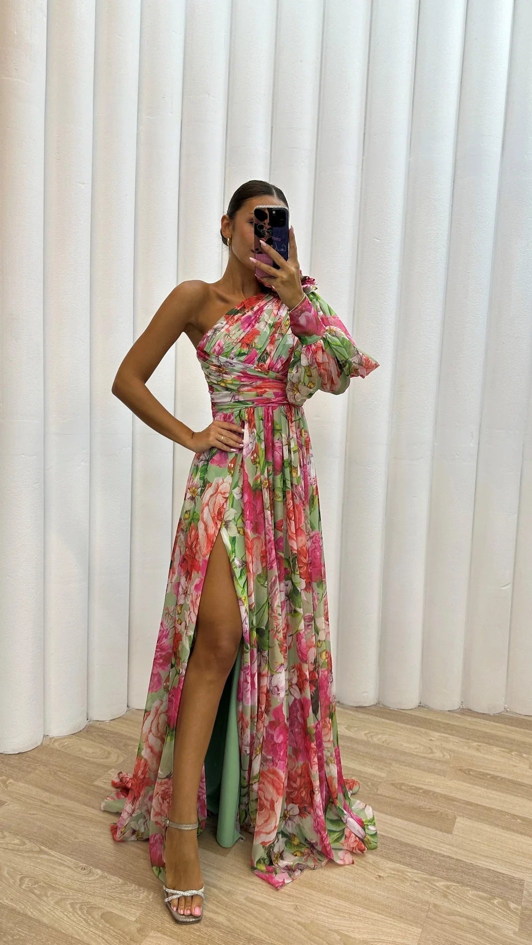 Isabella - Women's One Shoulder Floral Maxi Dress with Balloon Sleeve - Dresses - Pink - Taylor & Bennett