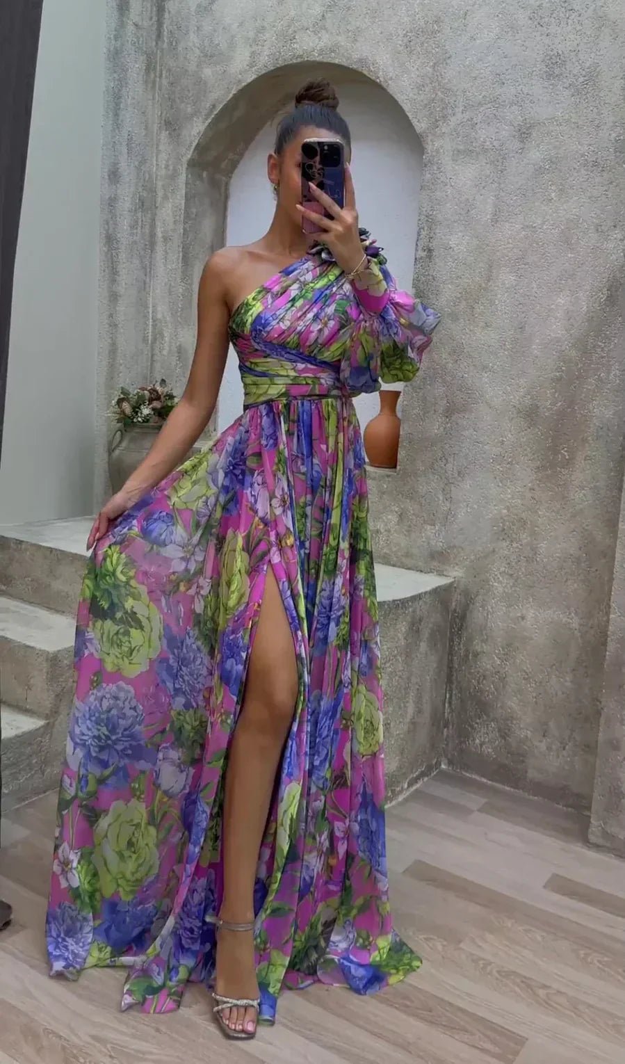 Isabella - Women's One Shoulder Floral Maxi Dress with Balloon Sleeve - Dresses - Purple - Taylor & Bennett