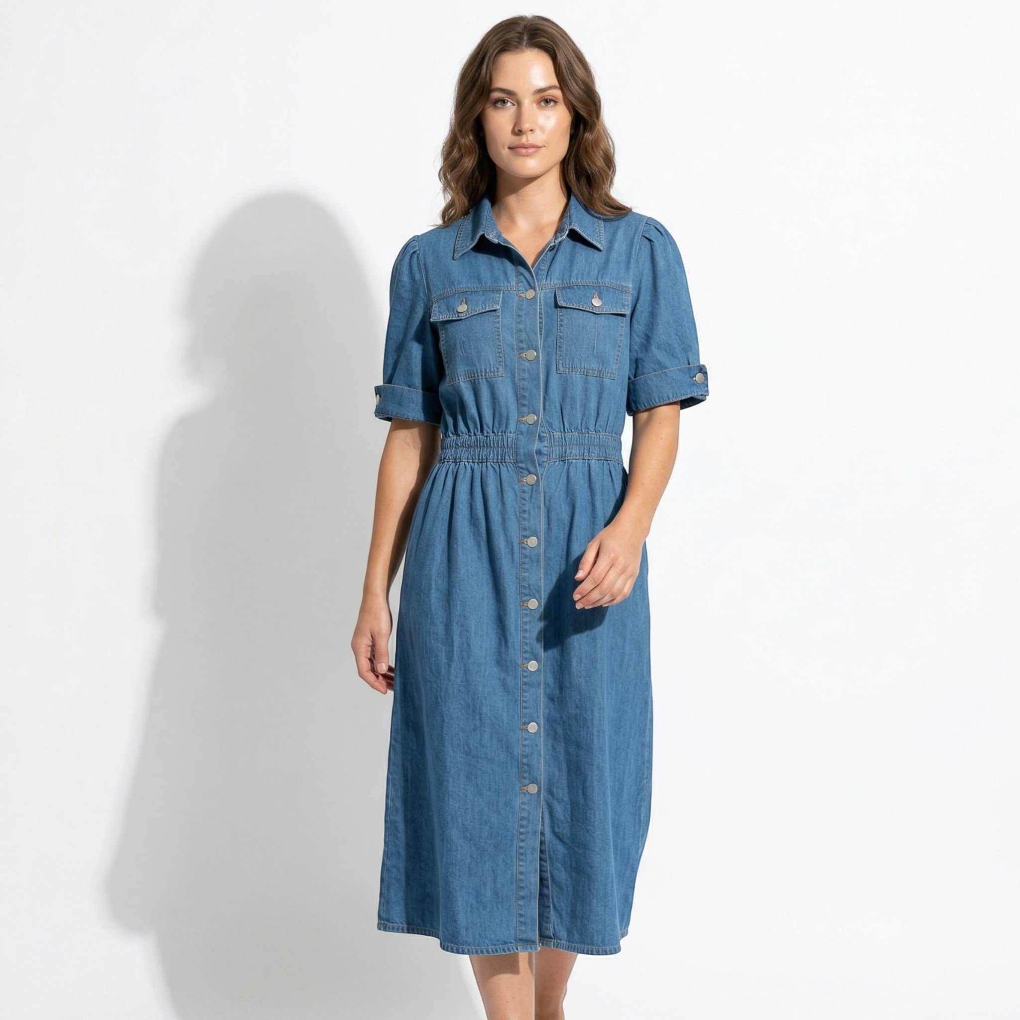 Isabelle – Women's Denim Midi Dress - Midi Dress - Blue - Taylor & Bennett