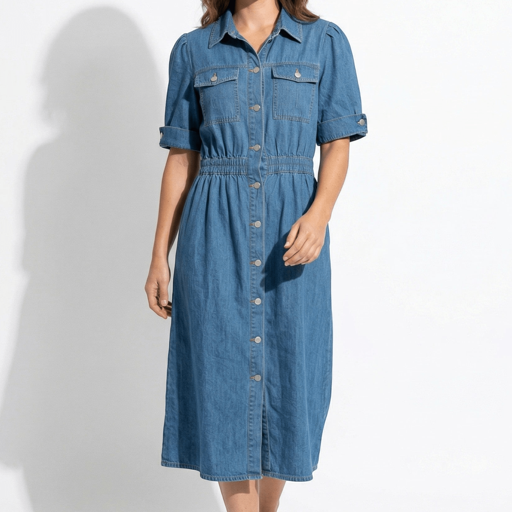 Isabelle – Women's Denim Midi Dress - Midi Dress - Blue - Taylor & Bennett