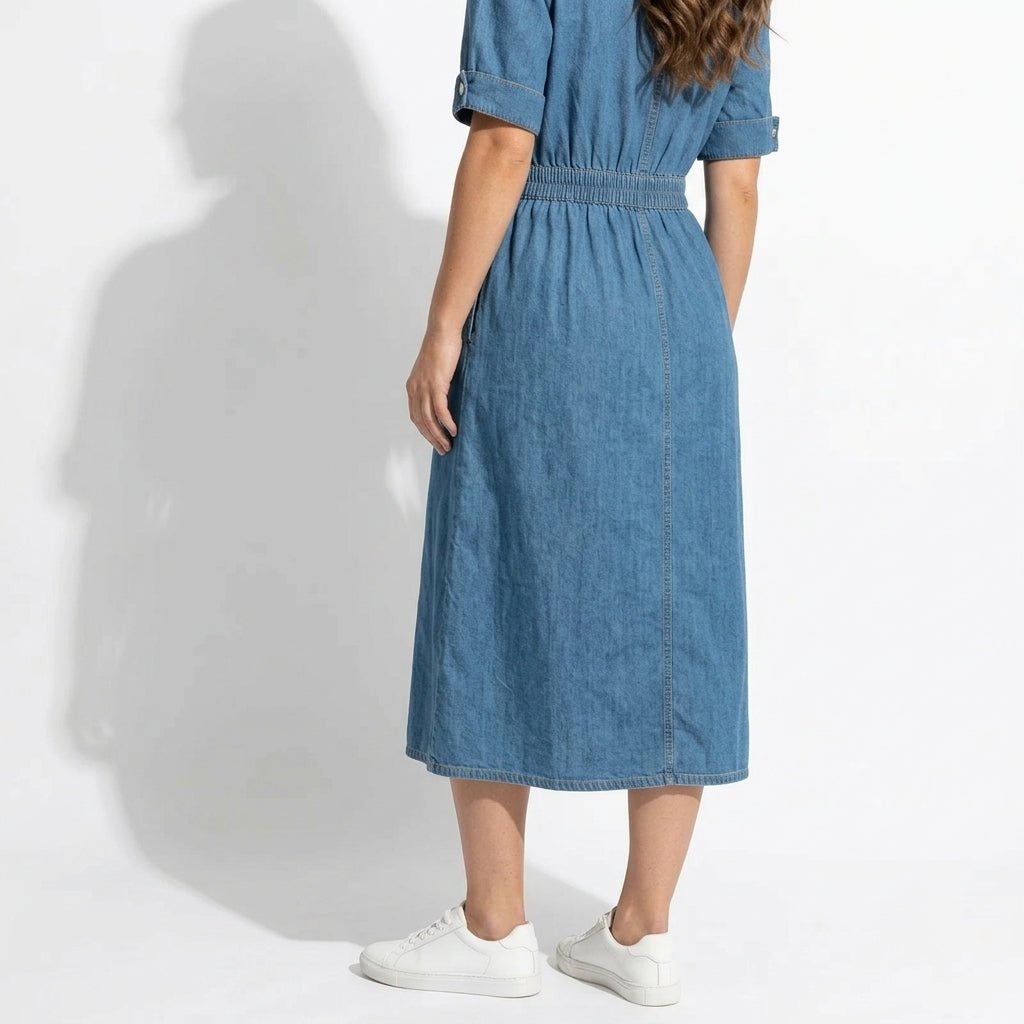 Isabelle – Women's Summer Denim Midi Dress with Button - Down Front - Midi Dress - Blue - Taylor & Bennett