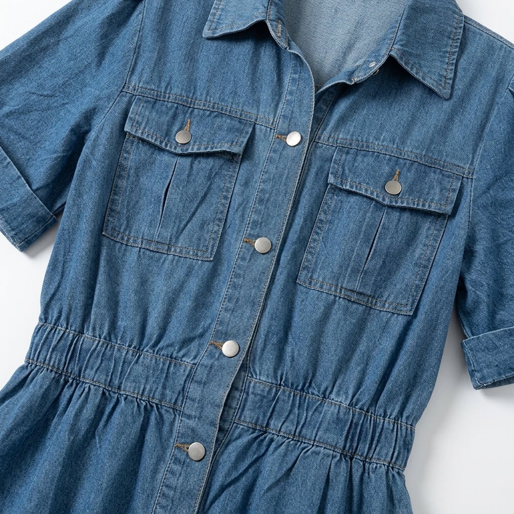 Isabelle – Women's Summer Denim Midi Dress with Button - Down Front - Midi Dress - Blue - Taylor & Bennett