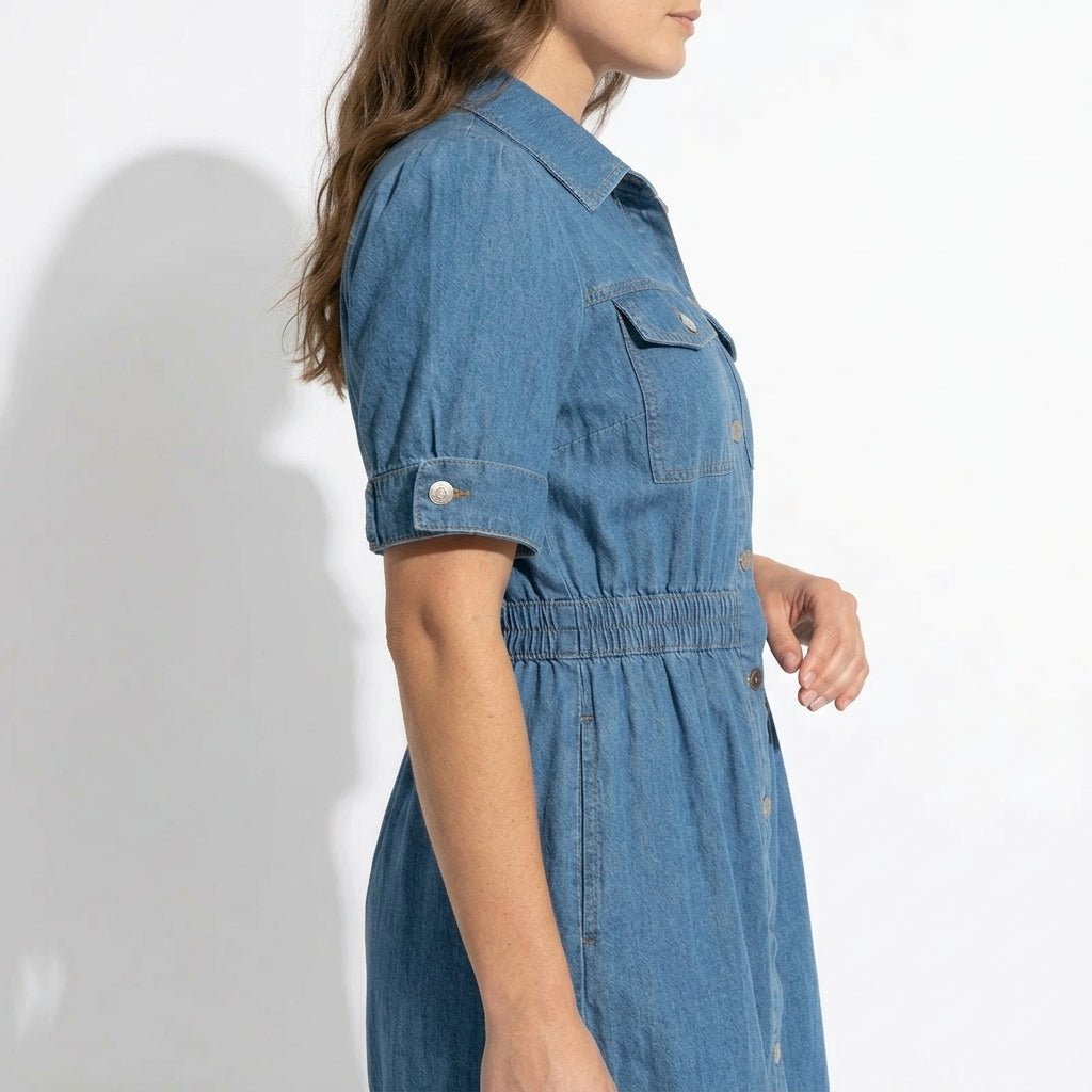Isabelle – Women's Summer Denim Midi Dress with Button - Down Front - Midi Dress - Blue - Taylor & Bennett