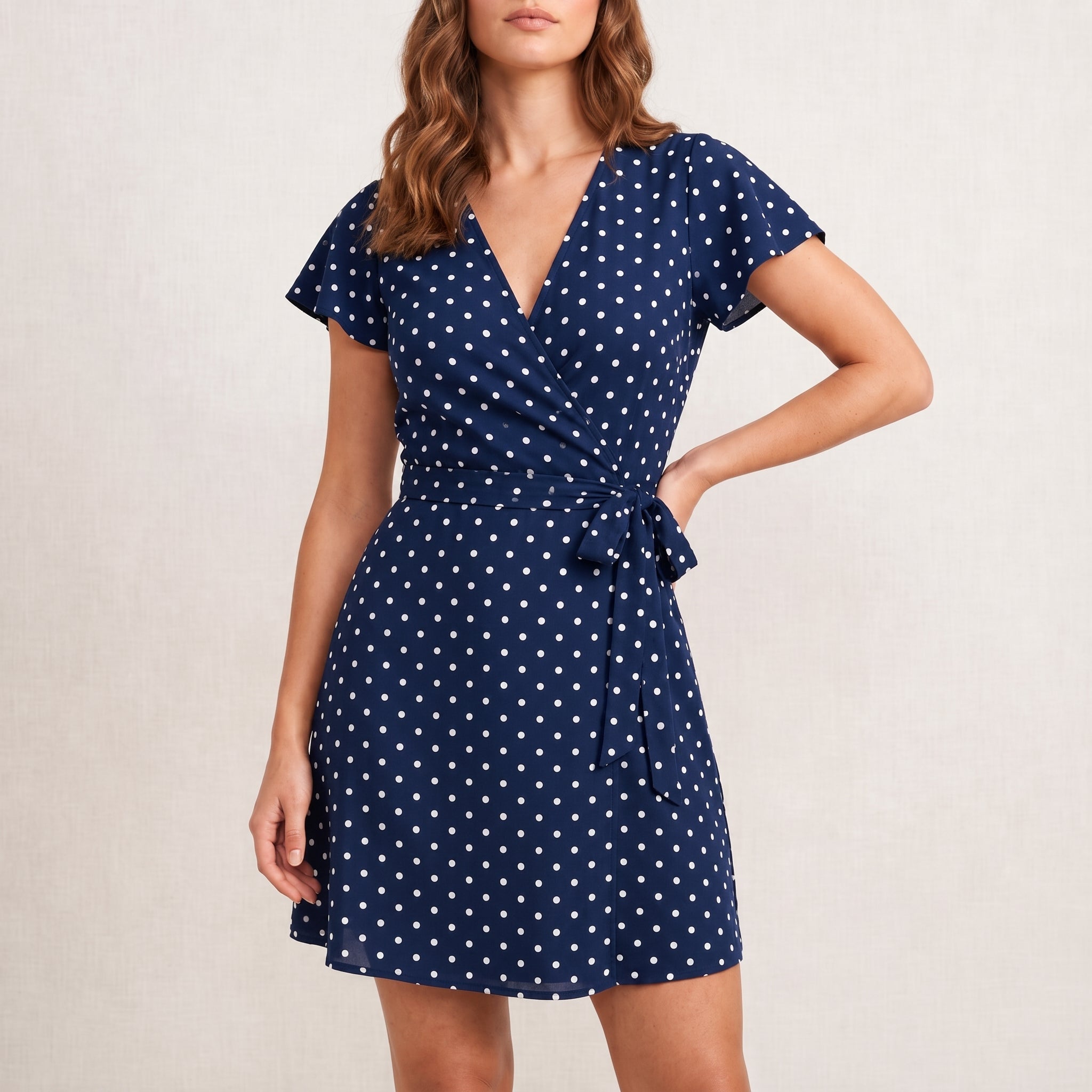 Isabelle - Women's Summer Polka Dot Wrap Midi Dress with Tie Waist - Dresses - Navy Blue - Taylor & Bennett