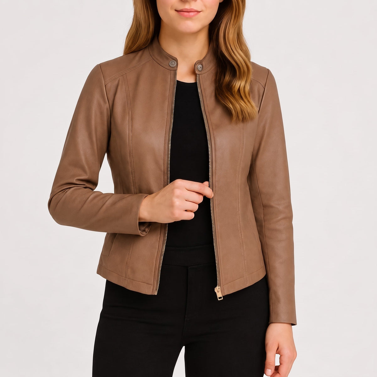 Isabelle - Women's Tailored Biker Jacket with Zip Front - Motorcycle Outerwear - Khaki - Taylor & Bennett