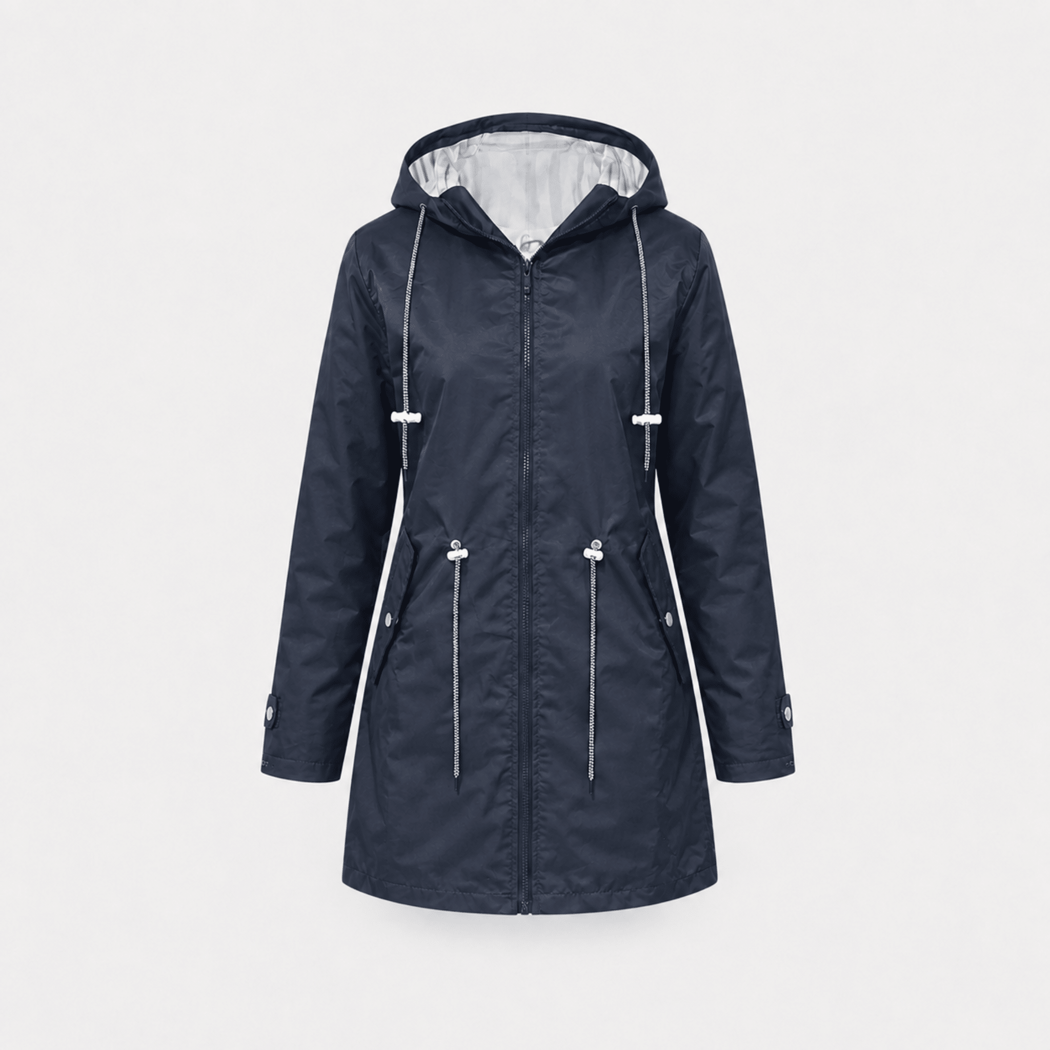 Isla - Women's Hooded Longline Rain Jacket with Striped Lining - Rain Coat - Navy Blue - Taylor & Bennett