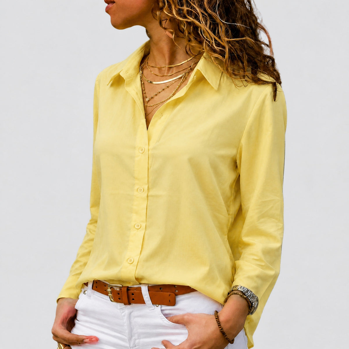 Isla - Women's Long Sleeve Button-Down Blouse with Roll-Up Sleeves - Blouses - Yellow - Taylor & Bennett