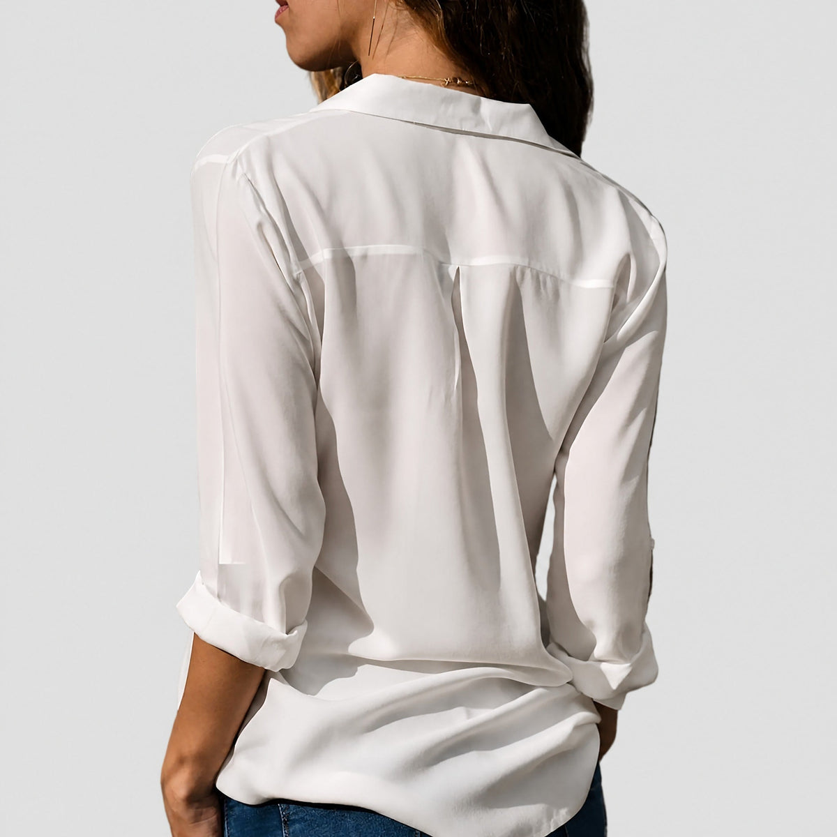 Isla - Women's Long Sleeve Button-Down Blouse with Roll-Up Sleeves - Blouses - White - Taylor & Bennett