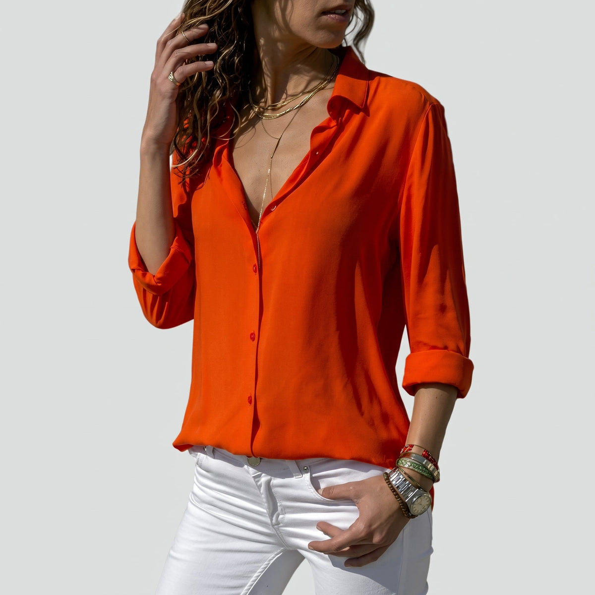 Isla - Women's Long Sleeve Button-Down Blouse with Roll-Up Sleeves - Blouses - Orange - Taylor & Bennett
