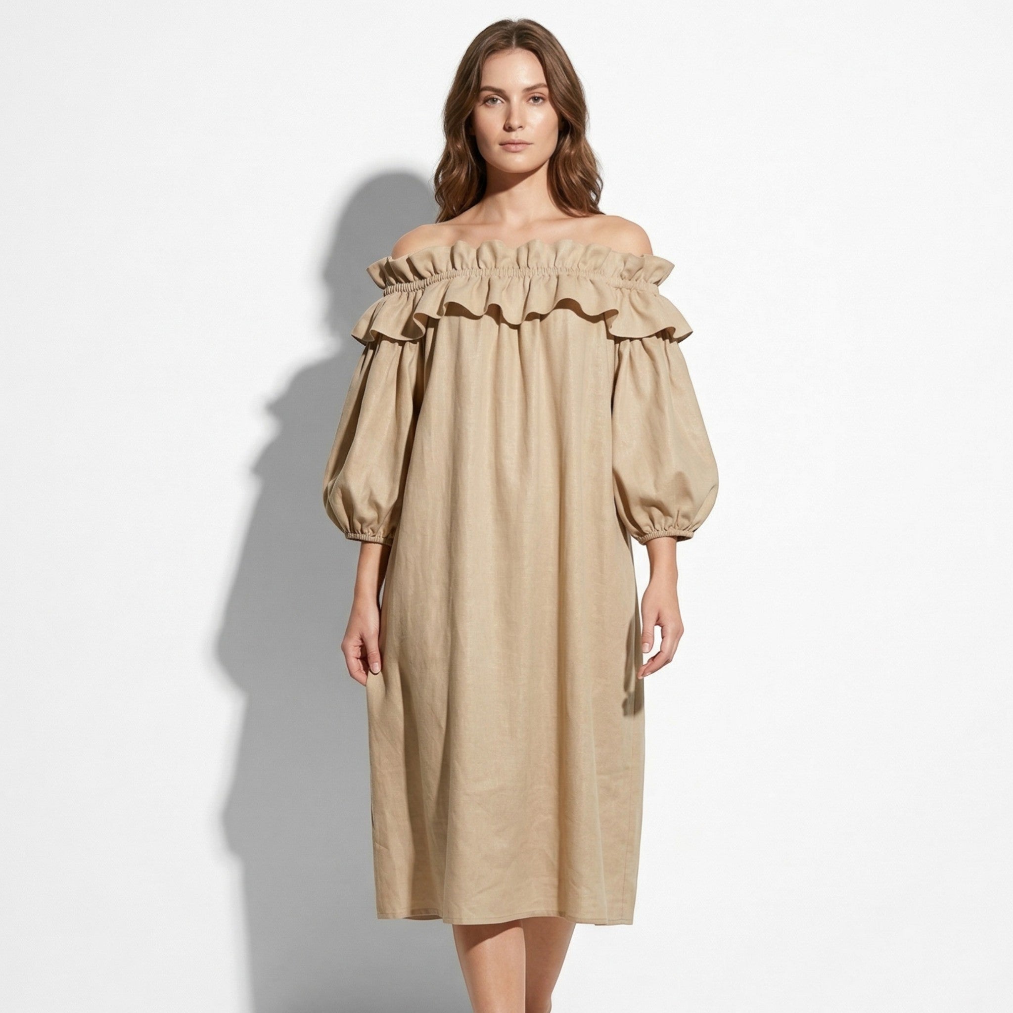 Isla - Women's Off - Shoulder Puff Sleeve Midi Dress - Midi Dresses - Beige - Taylor & Bennett