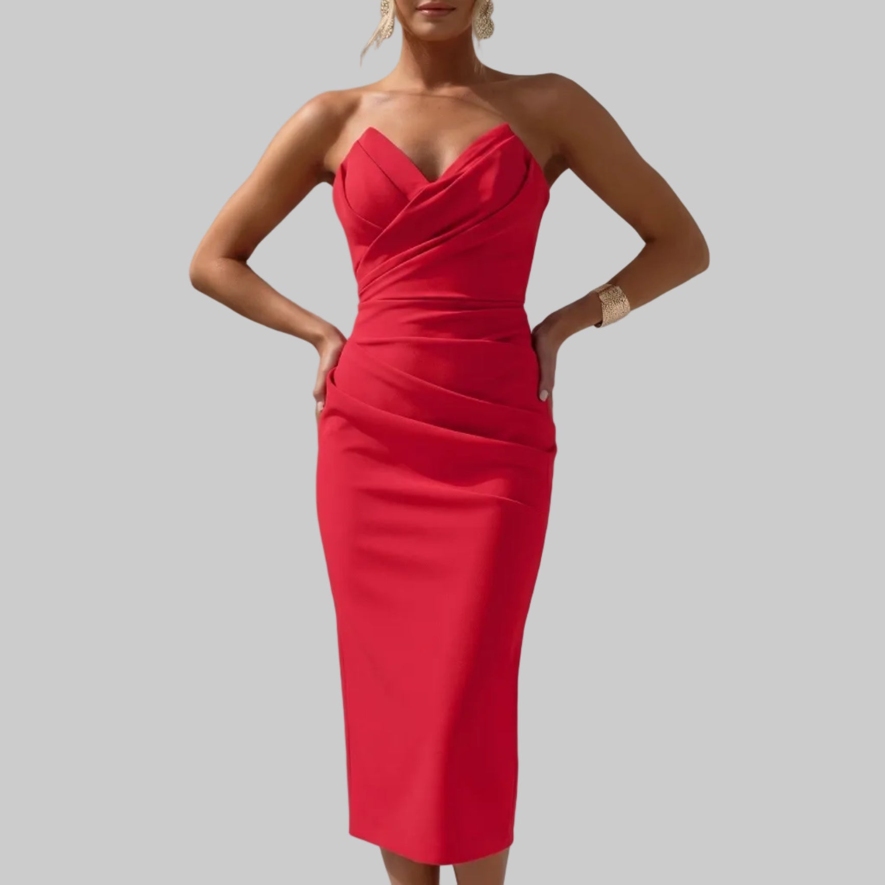 Isla - Women's Party Ruched Bodycon Midi Dress - Midi Dress - Red - Taylor & Bennett
