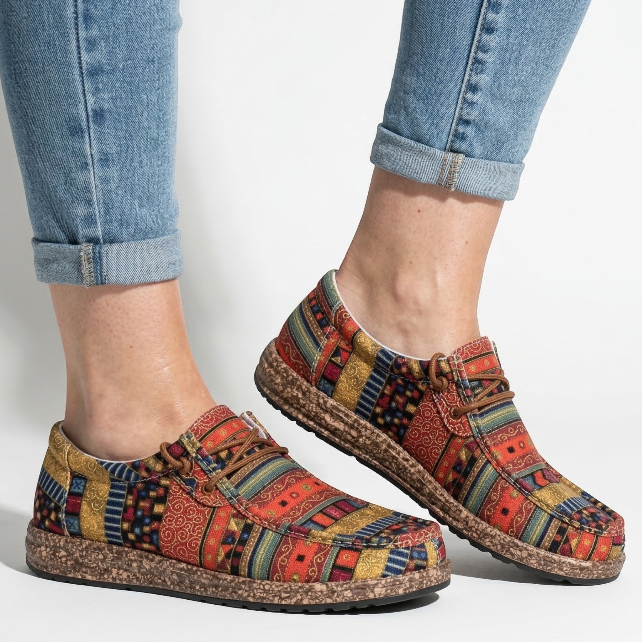 Isla - Women's Patterned Moccasins with Casual Lace - up Detail - Shoes - Red - Taylor & Bennett