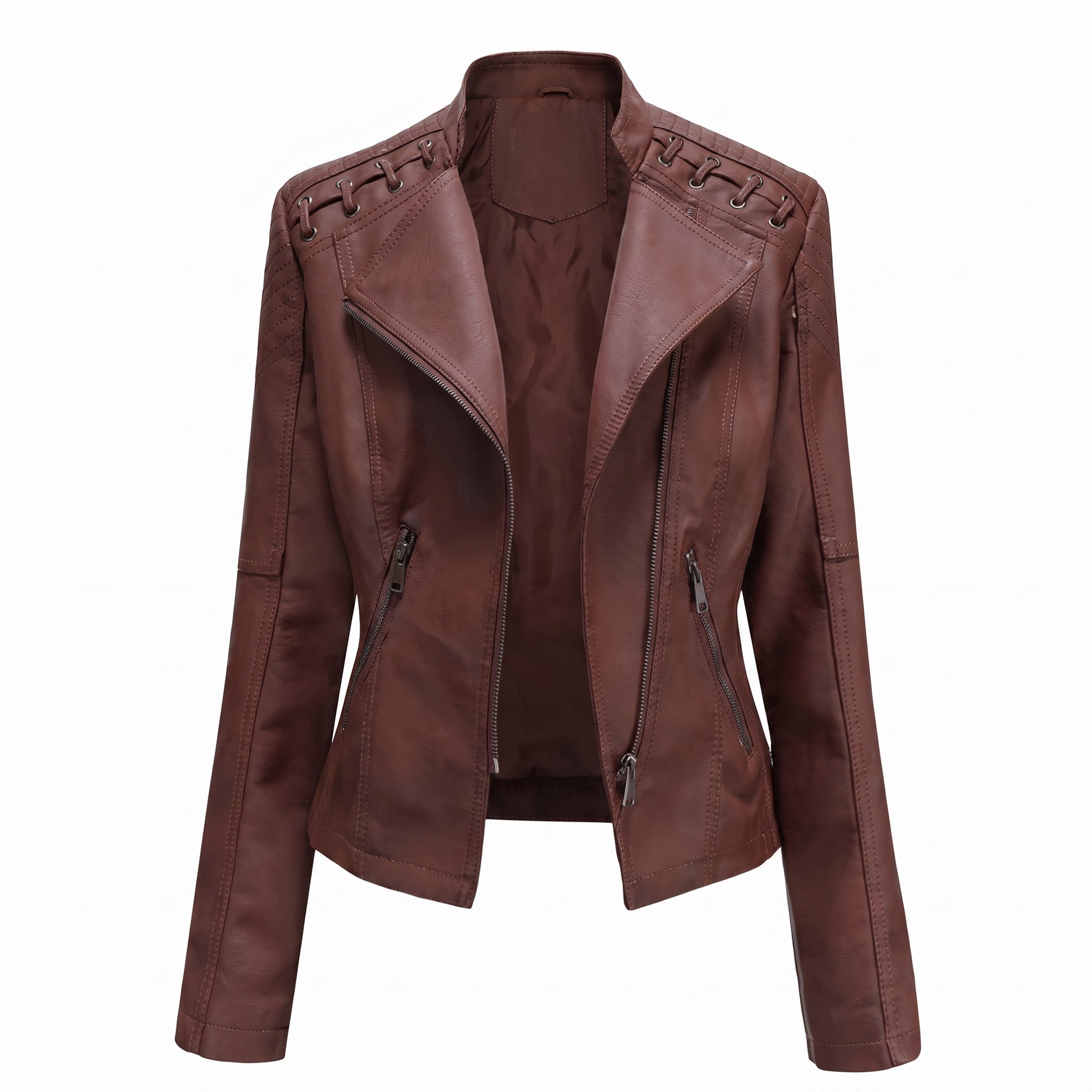 Isla - Women's Quilted Biker Jacket with Lace-Up Shoulder Detail - Motorcycle Outerwear - Dark Brown - Taylor & Bennett