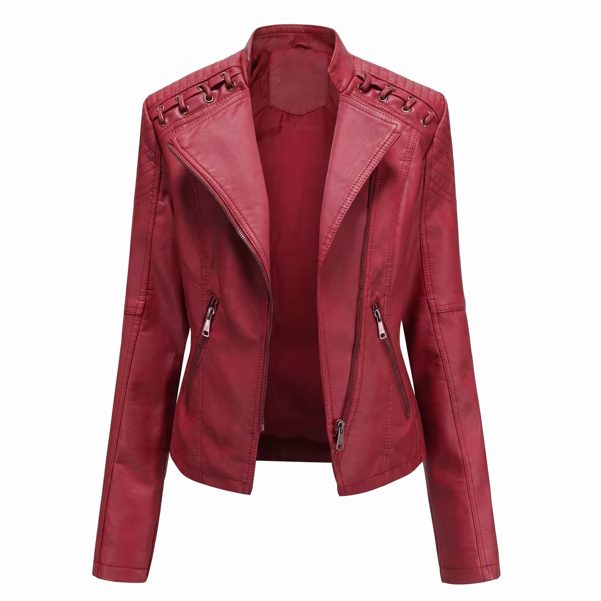 Isla - Women's Quilted Biker Jacket with Lace-Up Shoulder Detail - Motorcycle Outerwear - Red - Taylor & Bennett