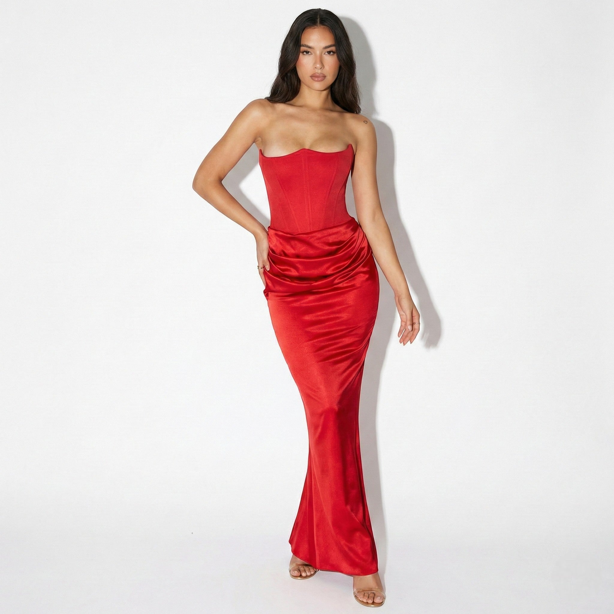 Isla - Women's Strapless Ruched Maxi Dress - Maxi - Kleid - Red - Taylor & Bennett