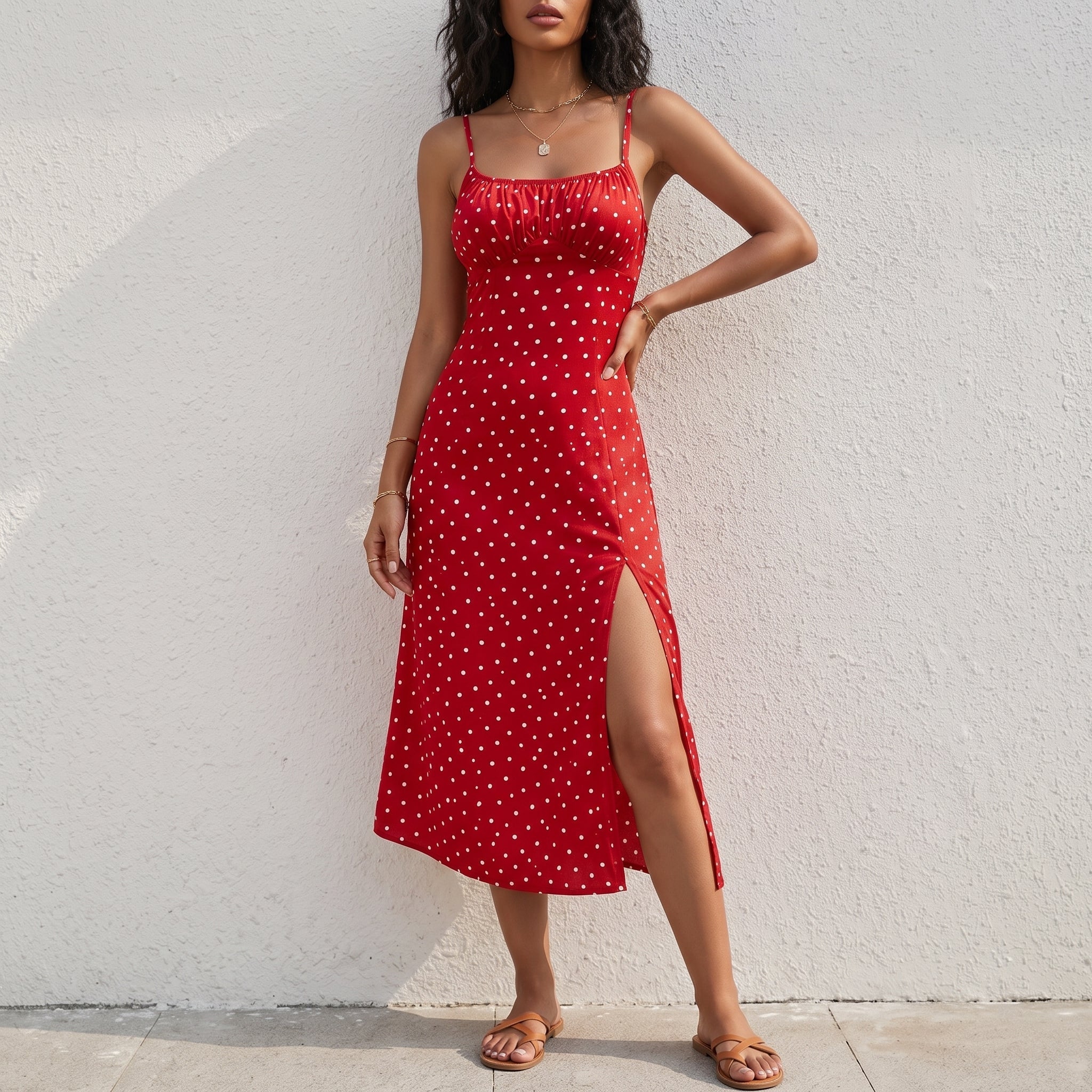 Isla - Women's Summer Polka Dot Spaghetti Strap Midi Dress - Dresses - Red - Taylor & Bennett