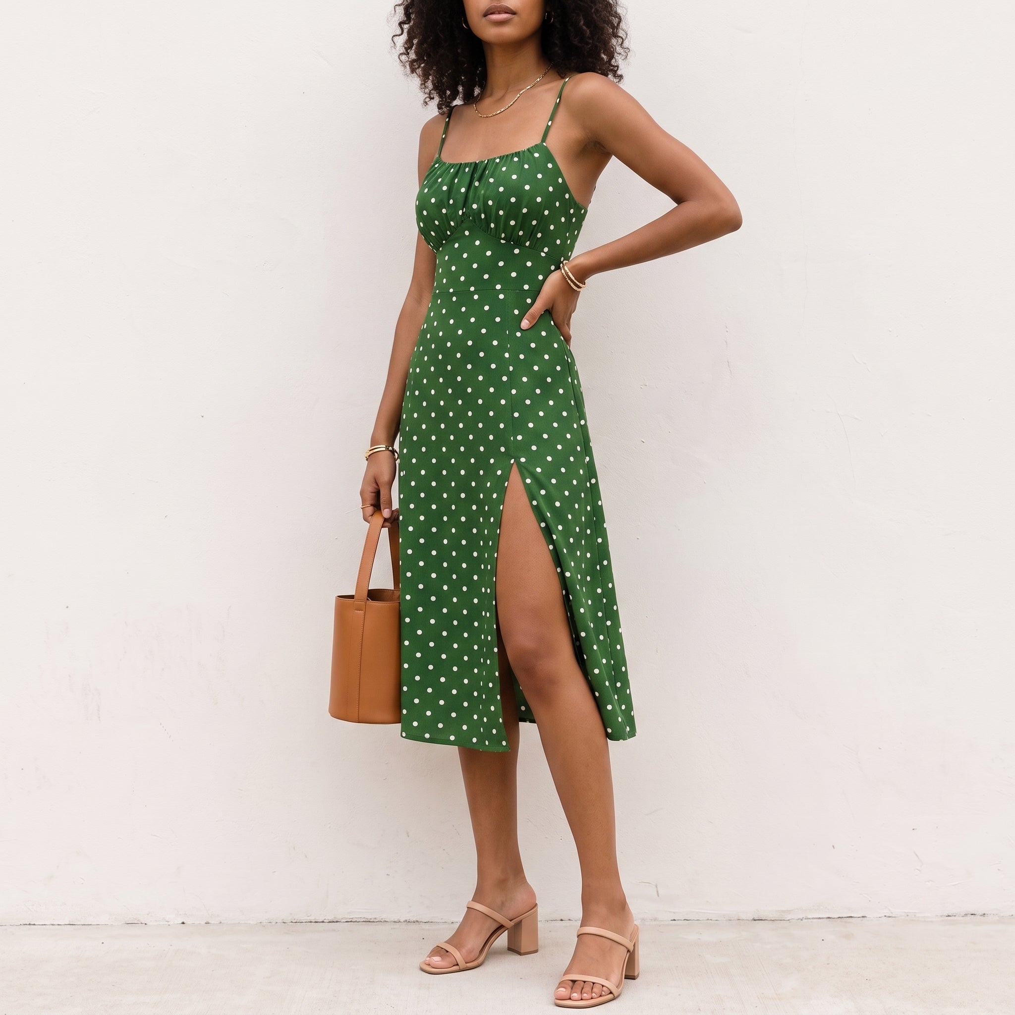 Isla - Women's Summer Polka Dot Spaghetti Strap Midi Dress - Dresses - Green - Taylor & Bennett