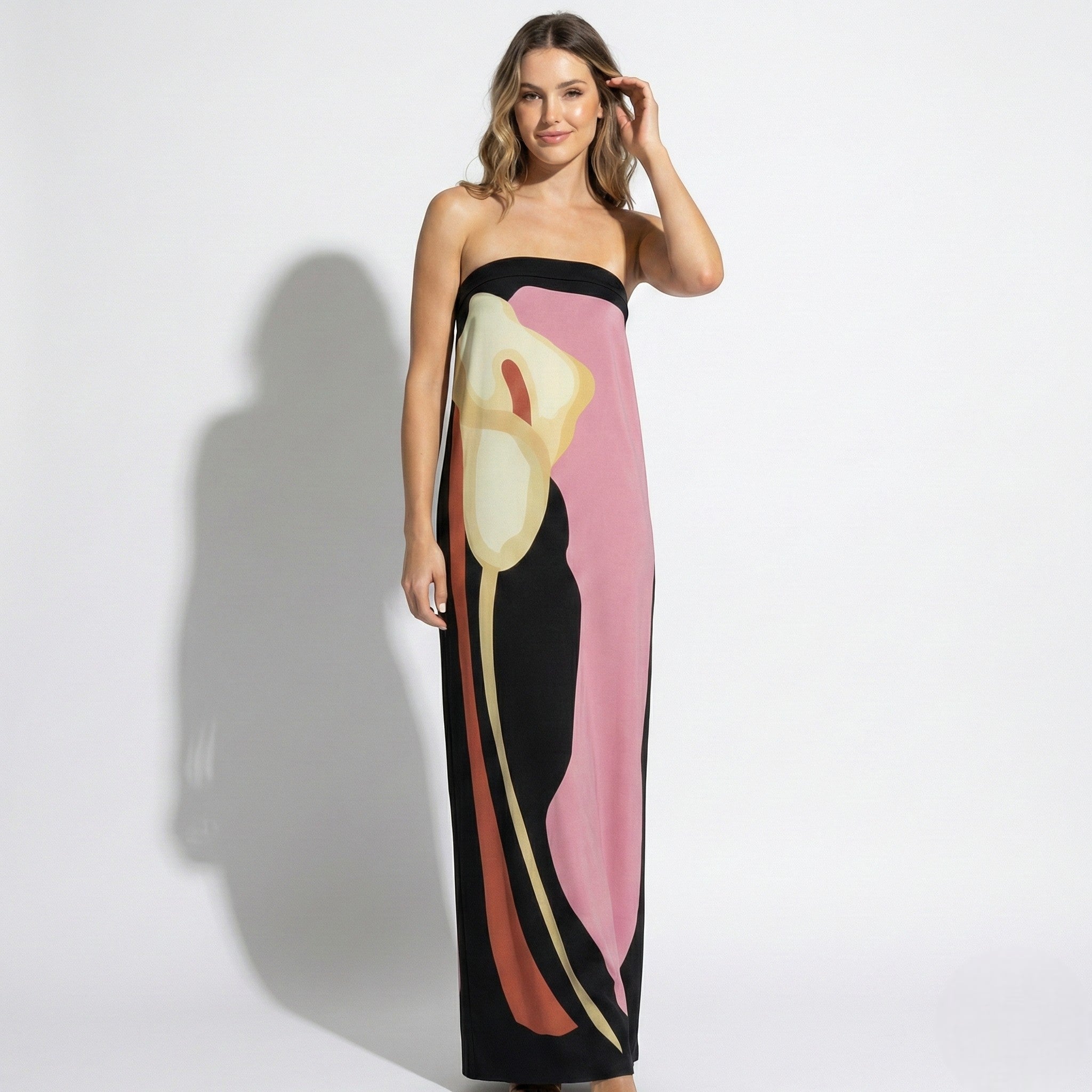 Jaime - Women's Strapless Maxi Dress with Abstract Floral Print - Dresses - Pink - Taylor & Bennett