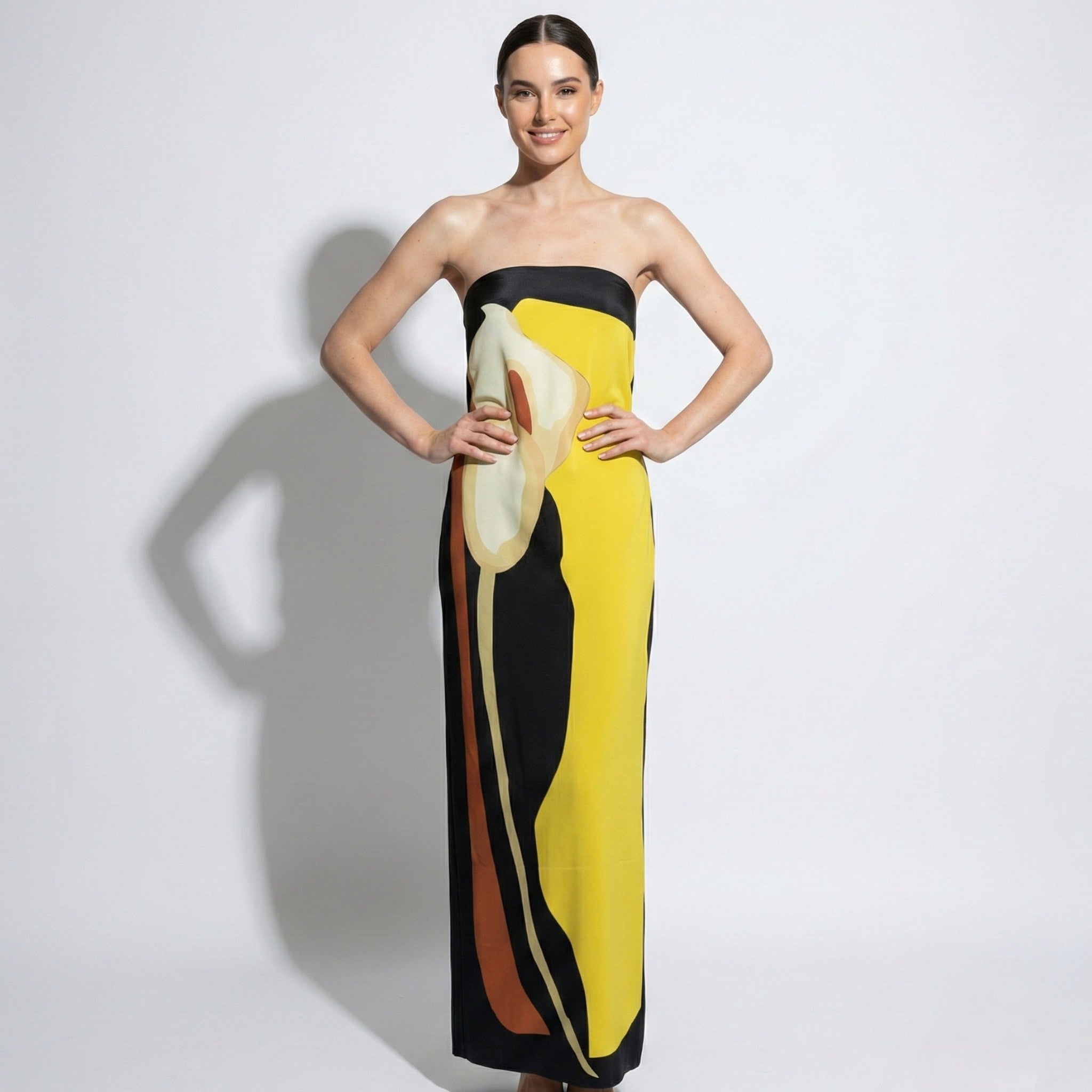 Jaime - Women's Strapless Maxi Dress with Abstract Floral Print - Dresses - Yellow - Taylor & Bennett