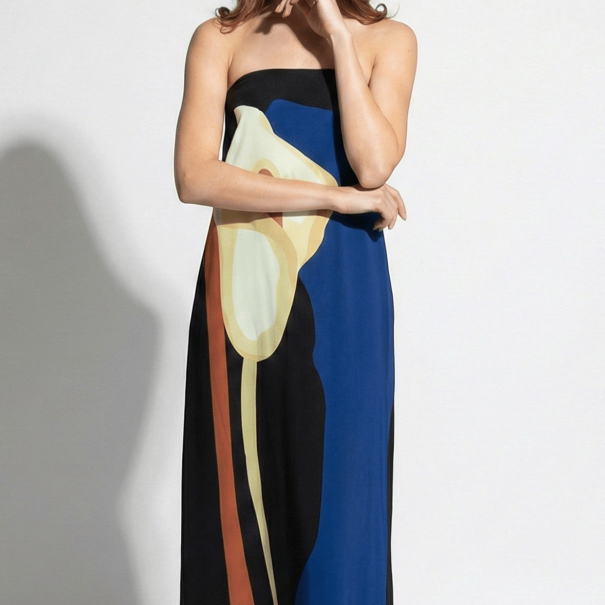Jaime - Women's Strapless Maxi Dress with Abstract Floral Print - Dresses - Blue - Taylor & Bennett