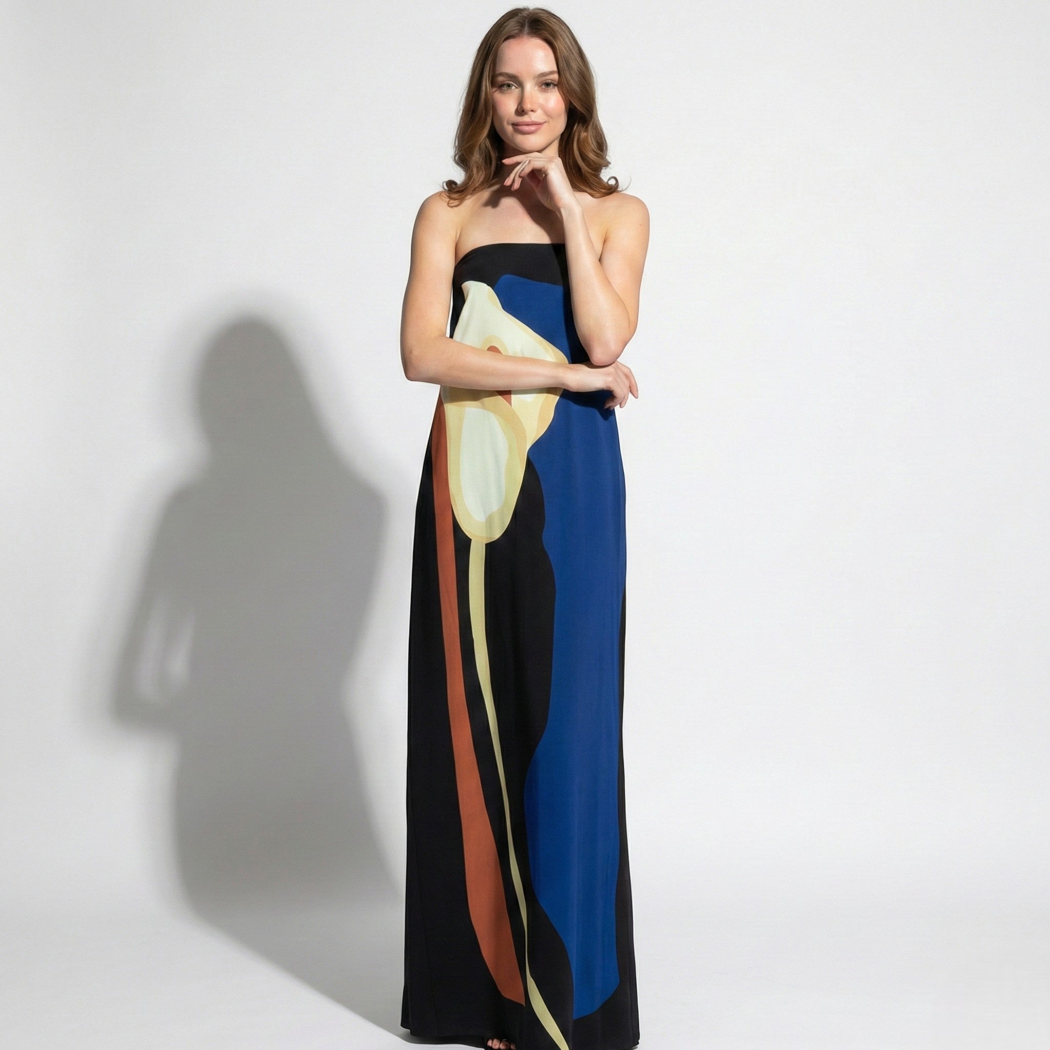 Jaime - Women's Strapless Maxi Dress with Abstract Floral Print - Dresses - Blue - Taylor & Bennett