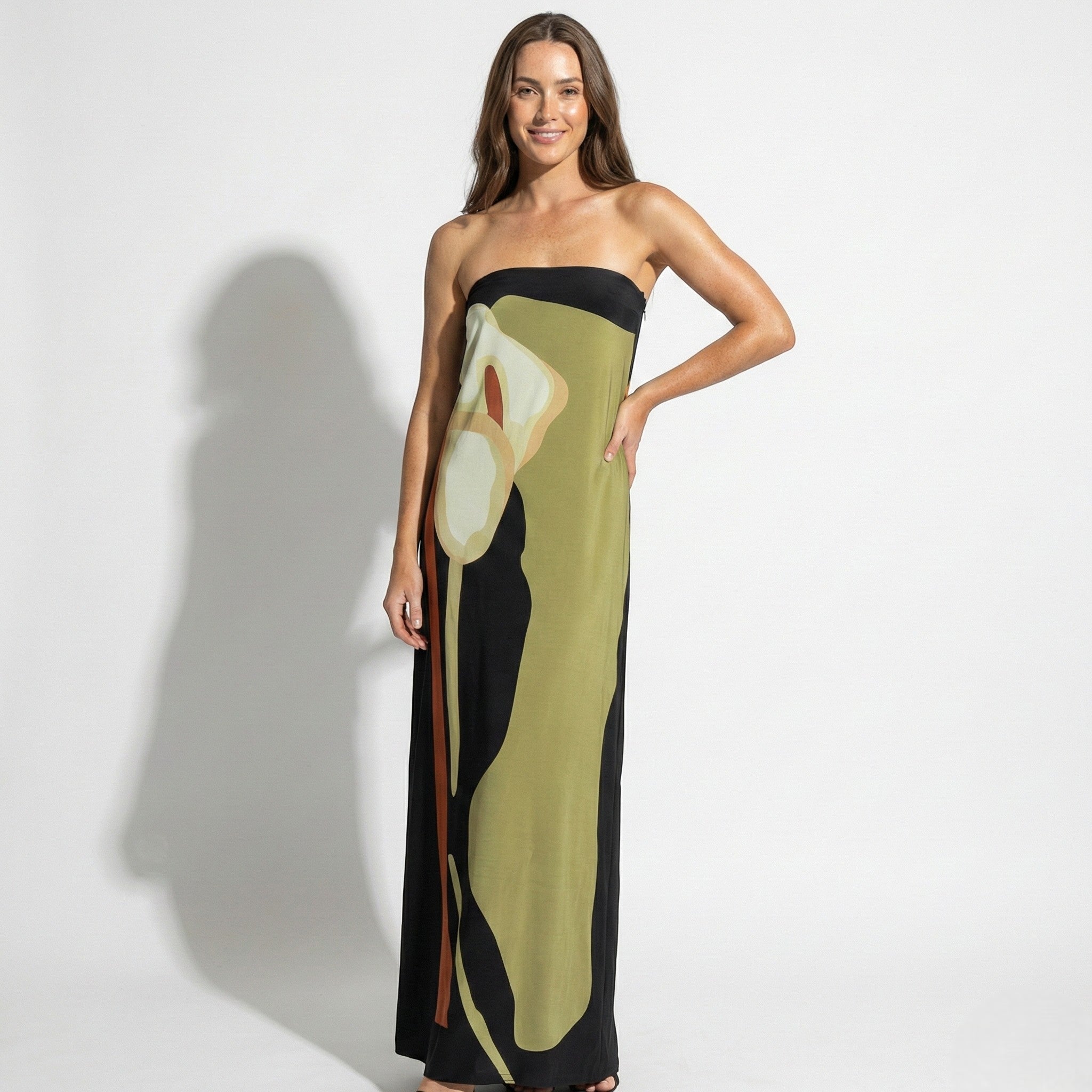 Jaime - Women's Strapless Maxi Dress with Abstract Floral Print - Dresses - Green - Taylor & Bennett