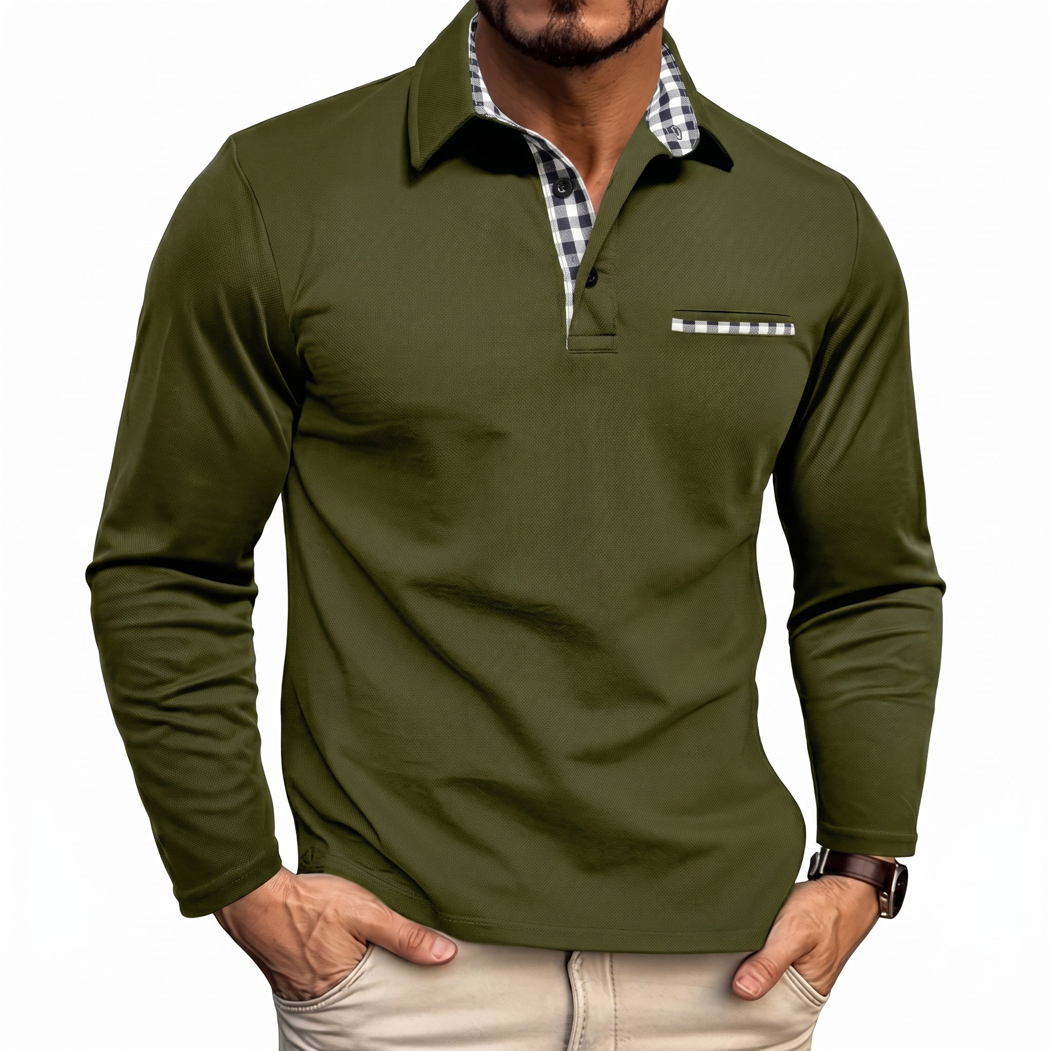 James - Men's Long Sleeve Polo Shirt with Checked Collar and Pocket Trim - Polos - Green - Taylor & Bennett