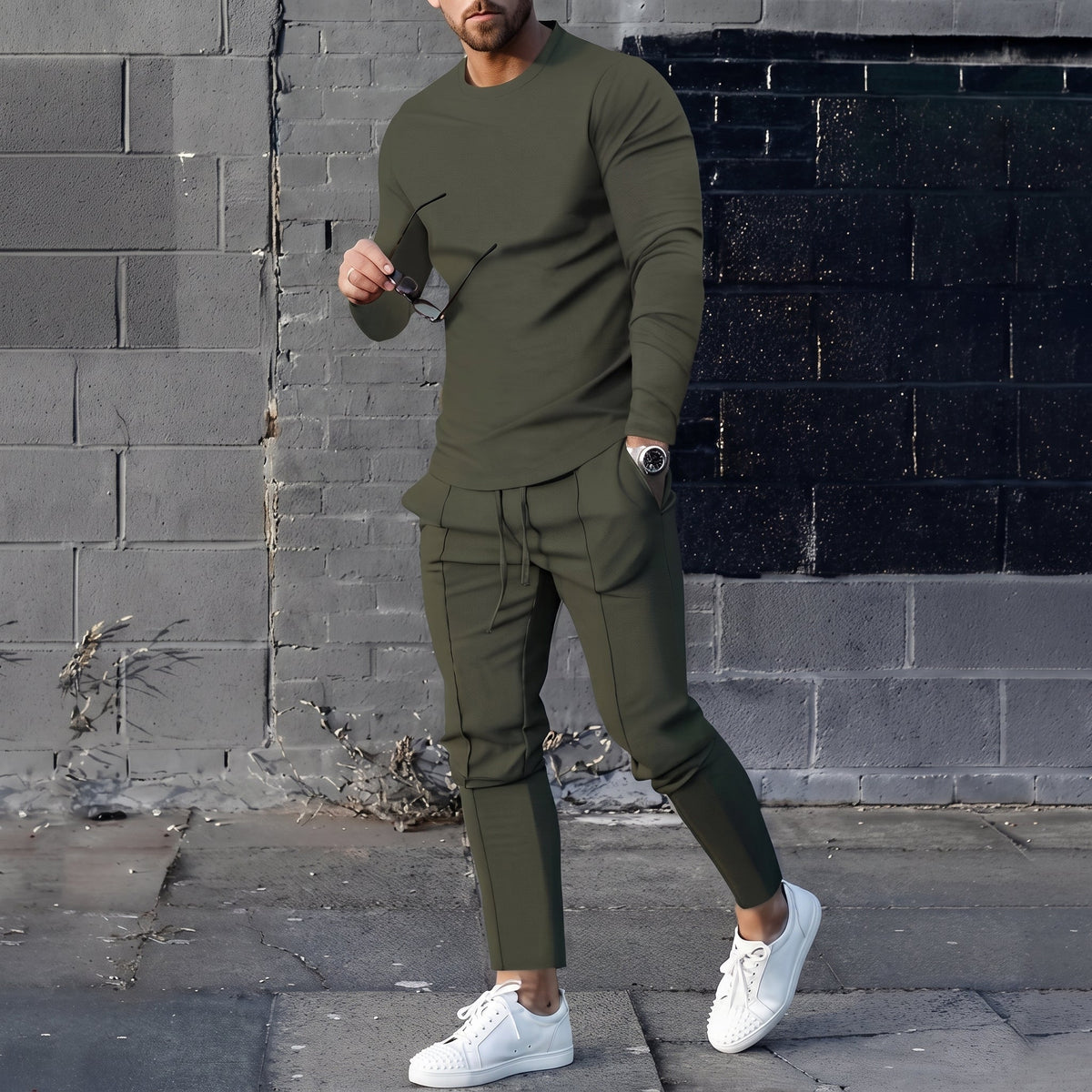 James - Men's Long Sleeve T-Shirt and Jogger Two-Piece Set - Outfit Sets - Dark Green - Taylor & Bennett