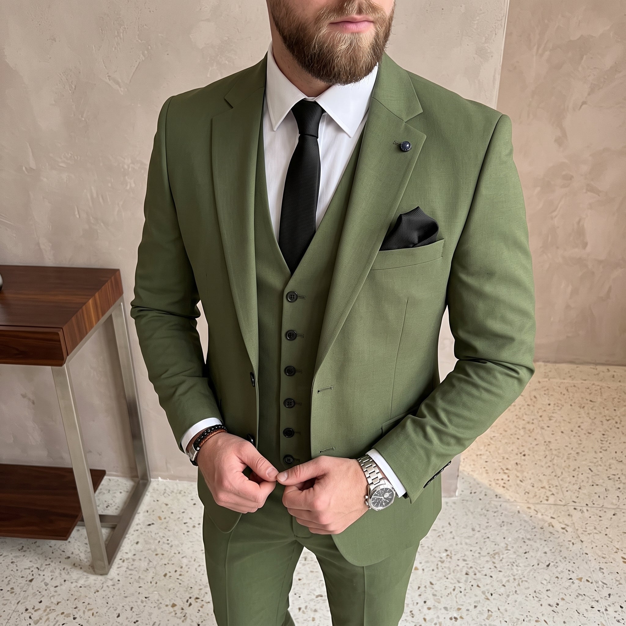 James – Men's Slim Fit Peak Lapel Three-Piece Wedding Suit - Suits - Green - Taylor & Bennett