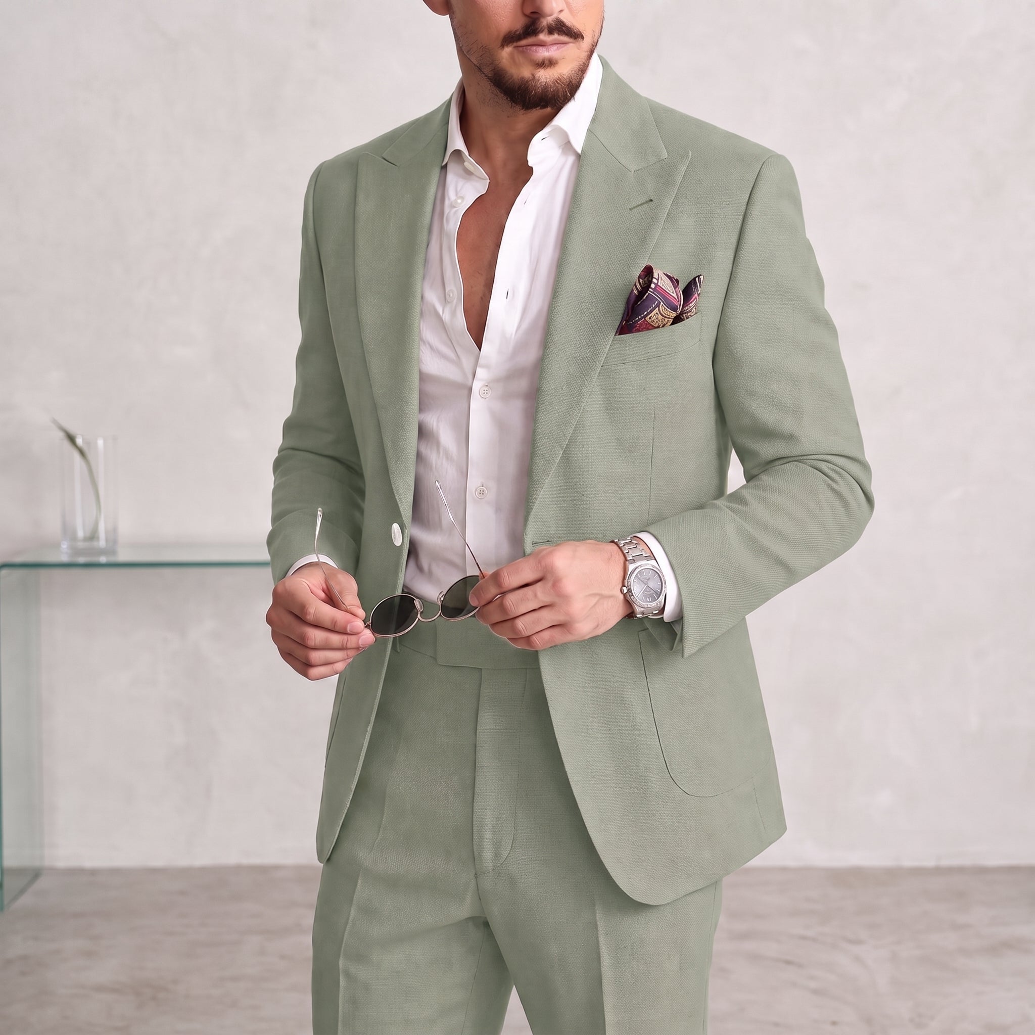 James - Men's Slim Fit Peaked Lapel Two-Piece Wedding Guest Suit - 2 Piece Men Suits - Light Green - Taylor & Bennett