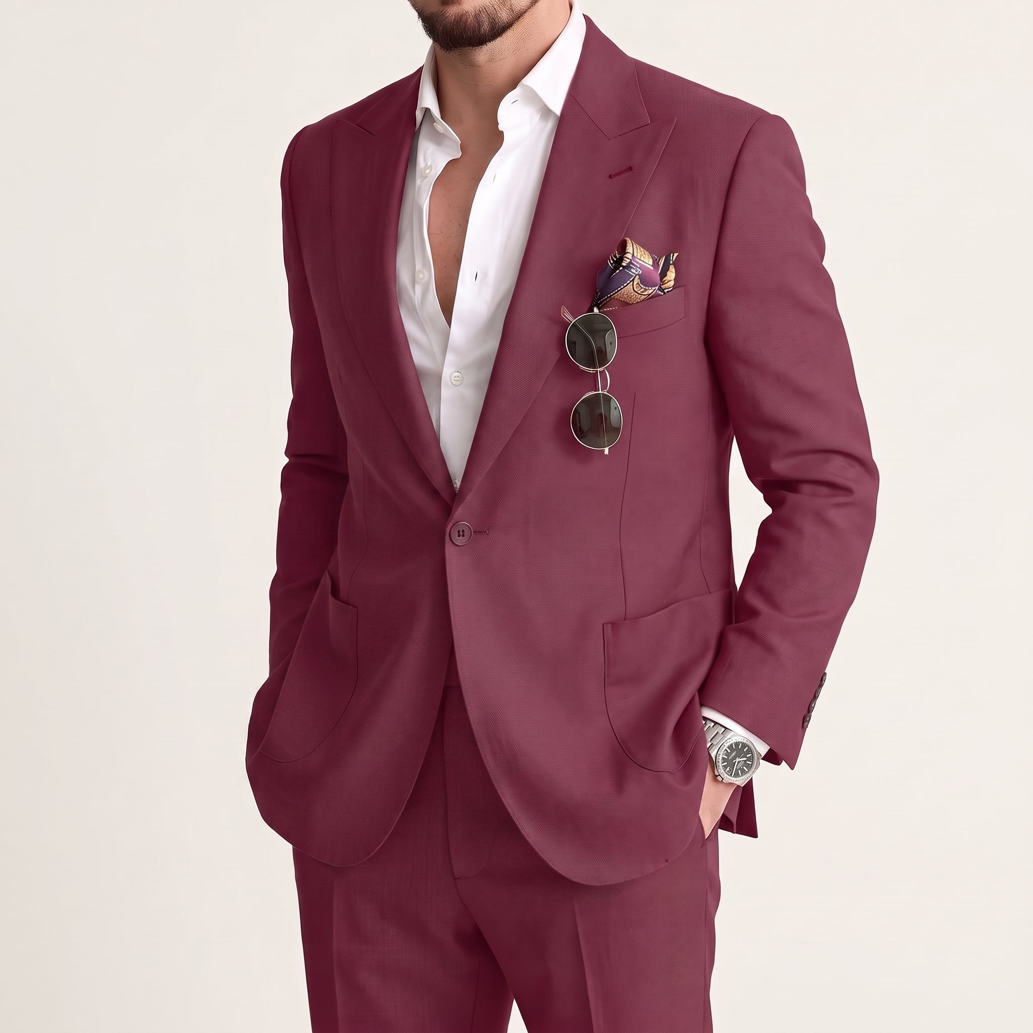 James - Men's Slim Fit Peaked Lapel Two-Piece Wedding Guest Suit - 2 Piece Men Suits - Burgundy - Taylor & Bennett