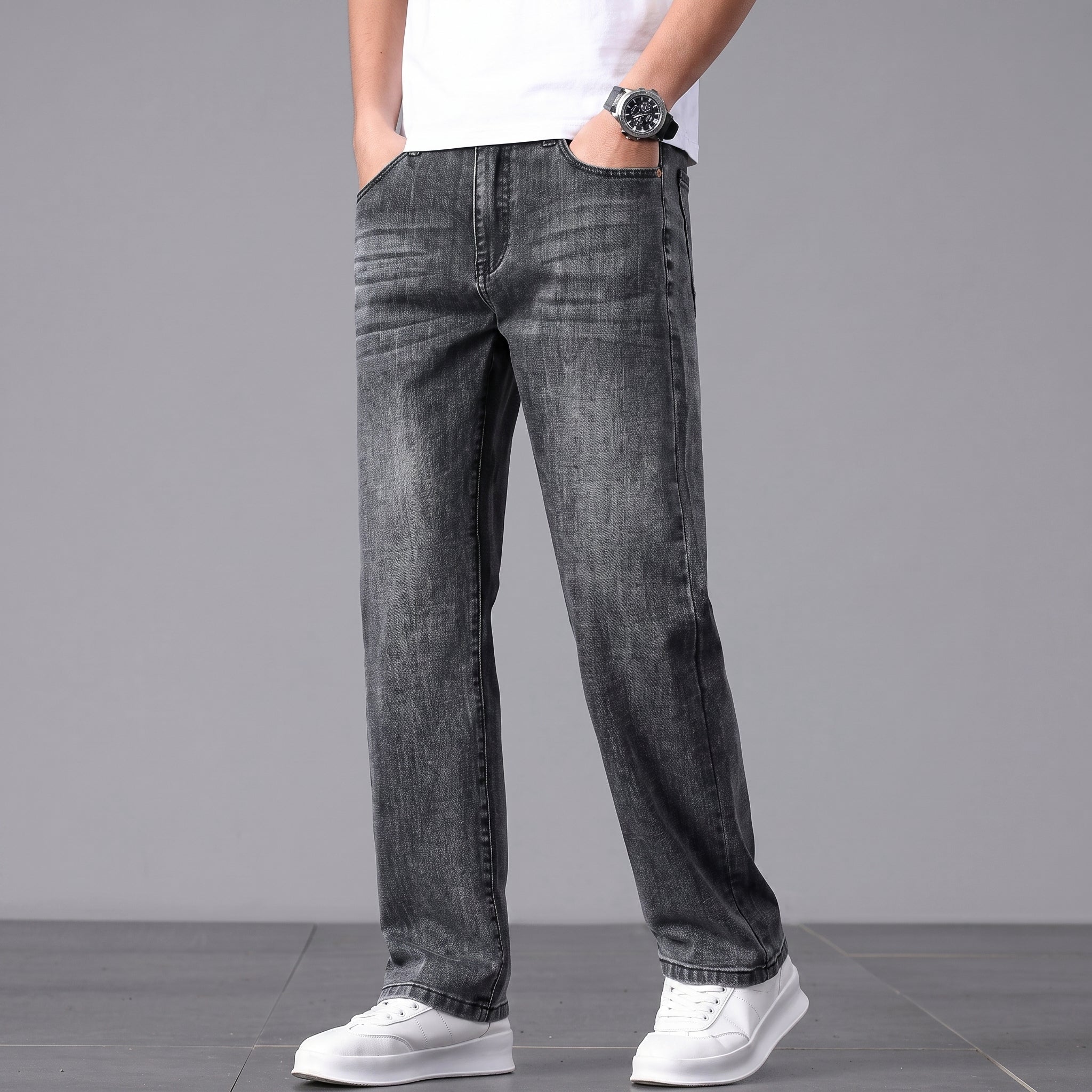 James - Men's Straight Leg Relaxed Fit Jeans with Washed Finish - Jeans - Black - Taylor & Bennett