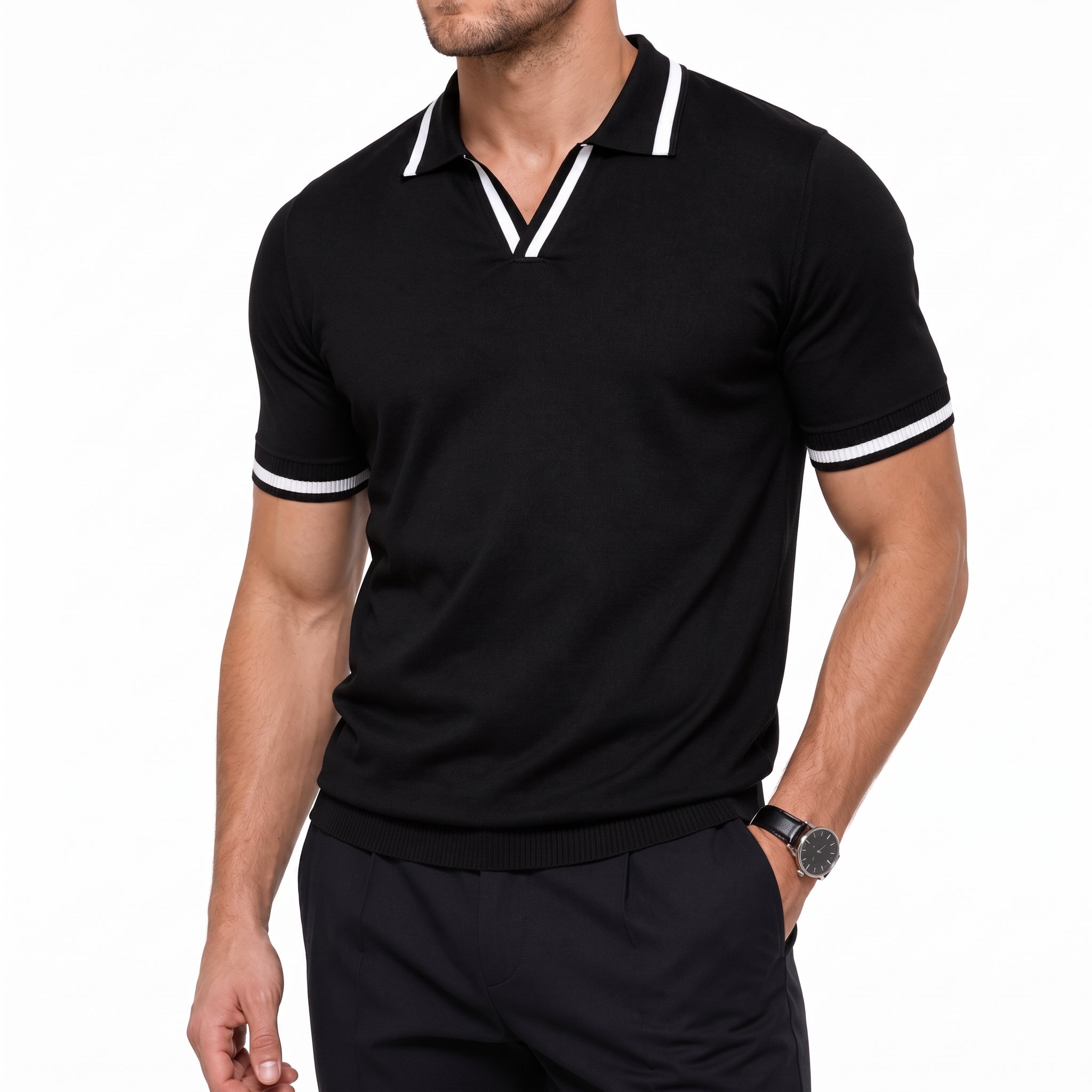 James - Men's Summer Contrast Tipped Collar Polo Shirt - Polos - Black - Taylor & Bennett
