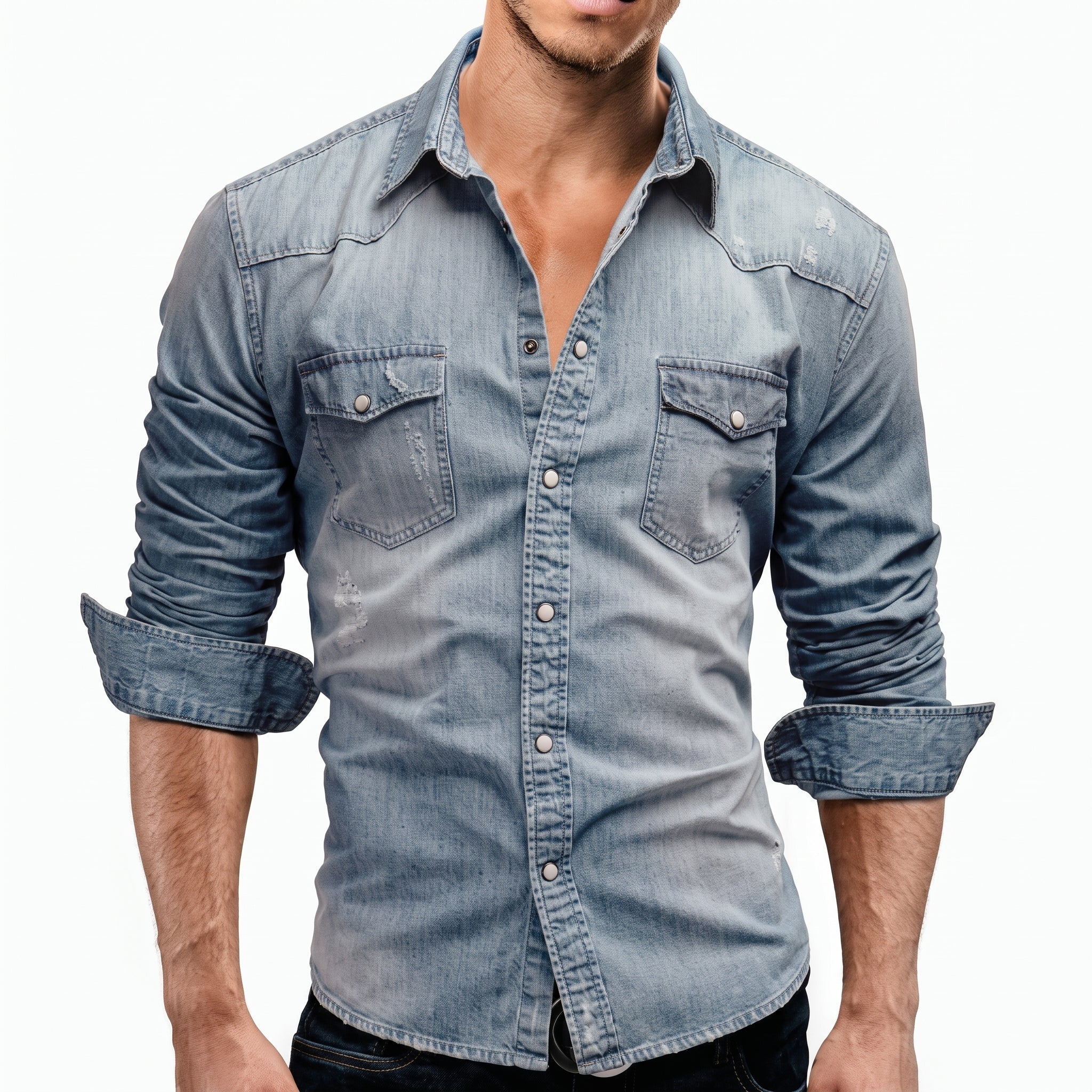 James - Men's Western Long Sleeve Shirt with Snap Buttons - Shirts - Light Blue - Taylor & Bennett