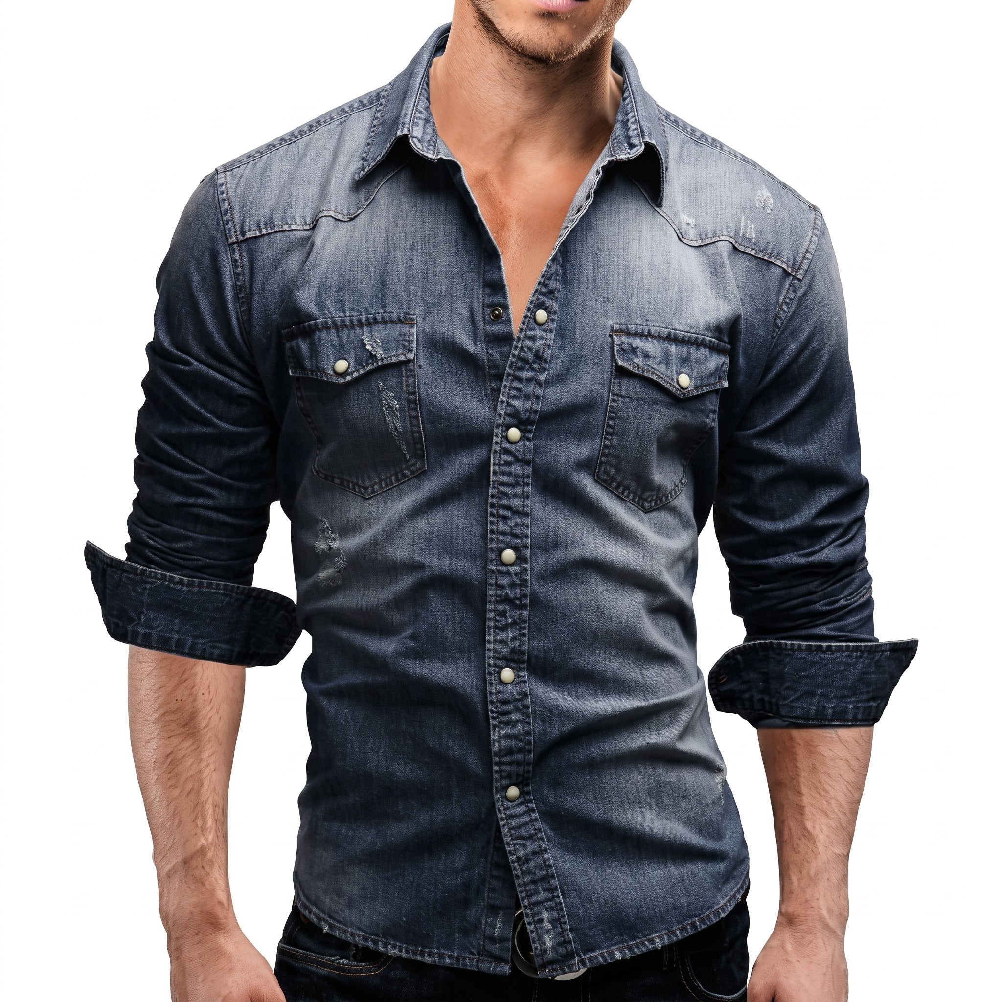 James - Men's Western Long Sleeve Shirt with Snap Buttons - Shirts - Dark Blue - Taylor & Bennett