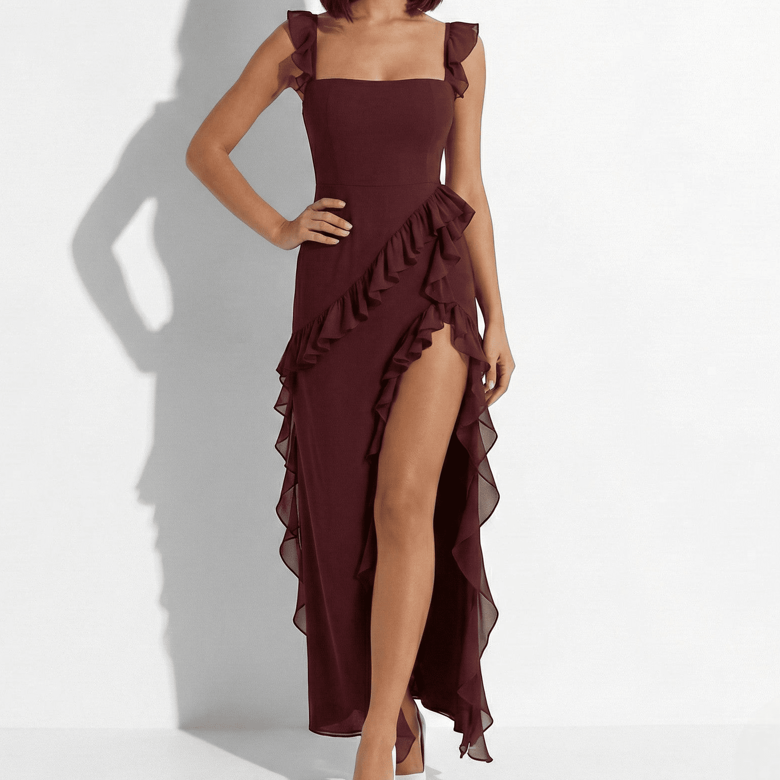 Jasmine - Women's Ruffled High - Slit Maxi Dress - Dresses - Burgundy - Taylor & Bennett