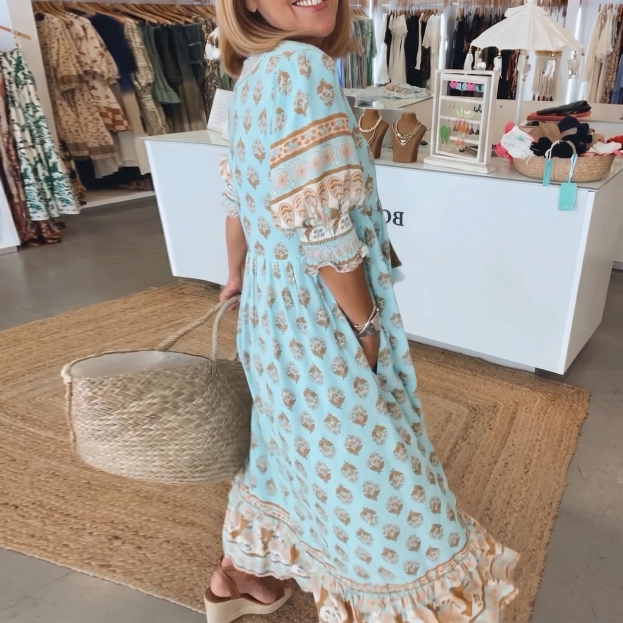 Jasmine - Women's Summer Boho Floral Tassel Tie Maxi Dress - Maxi Dress - Blue - Taylor & Bennett