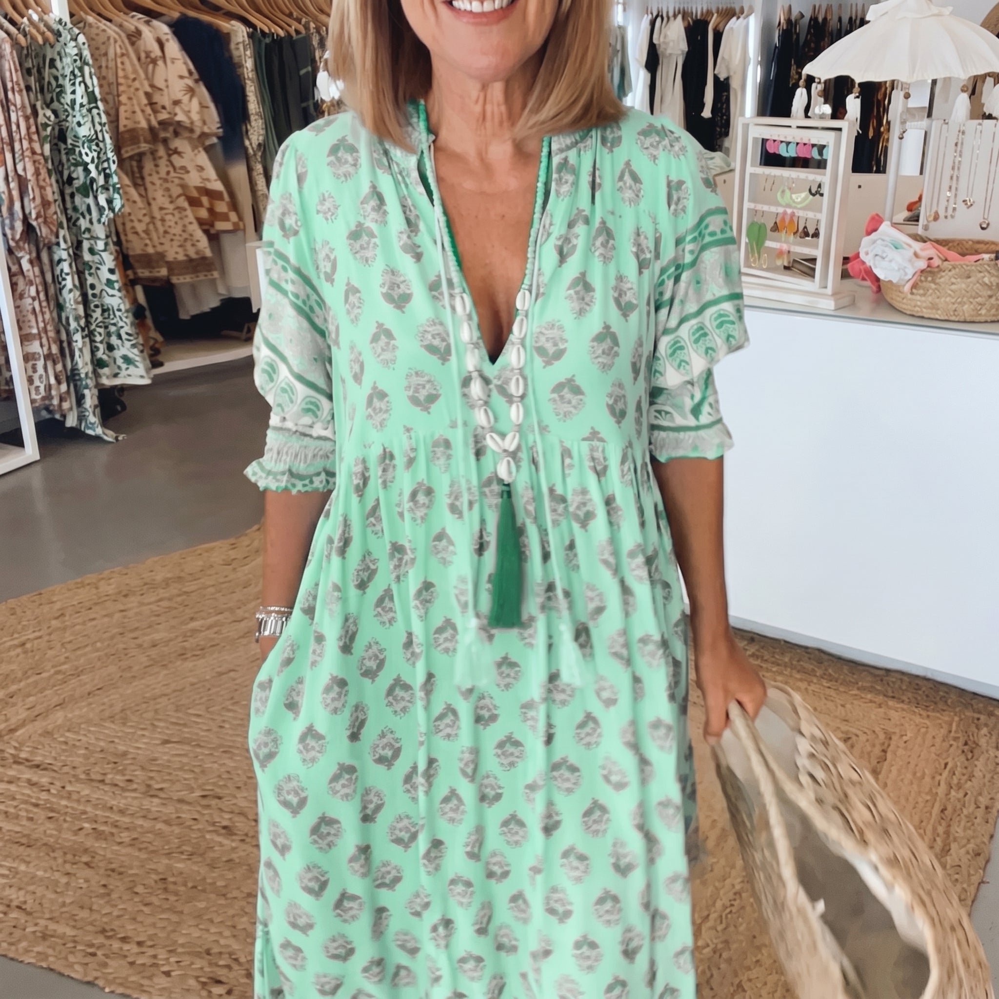 Jasmine - Women's Summer Boho Floral Tassel Tie Maxi Dress - Maxi Dress - Green - Taylor & Bennett