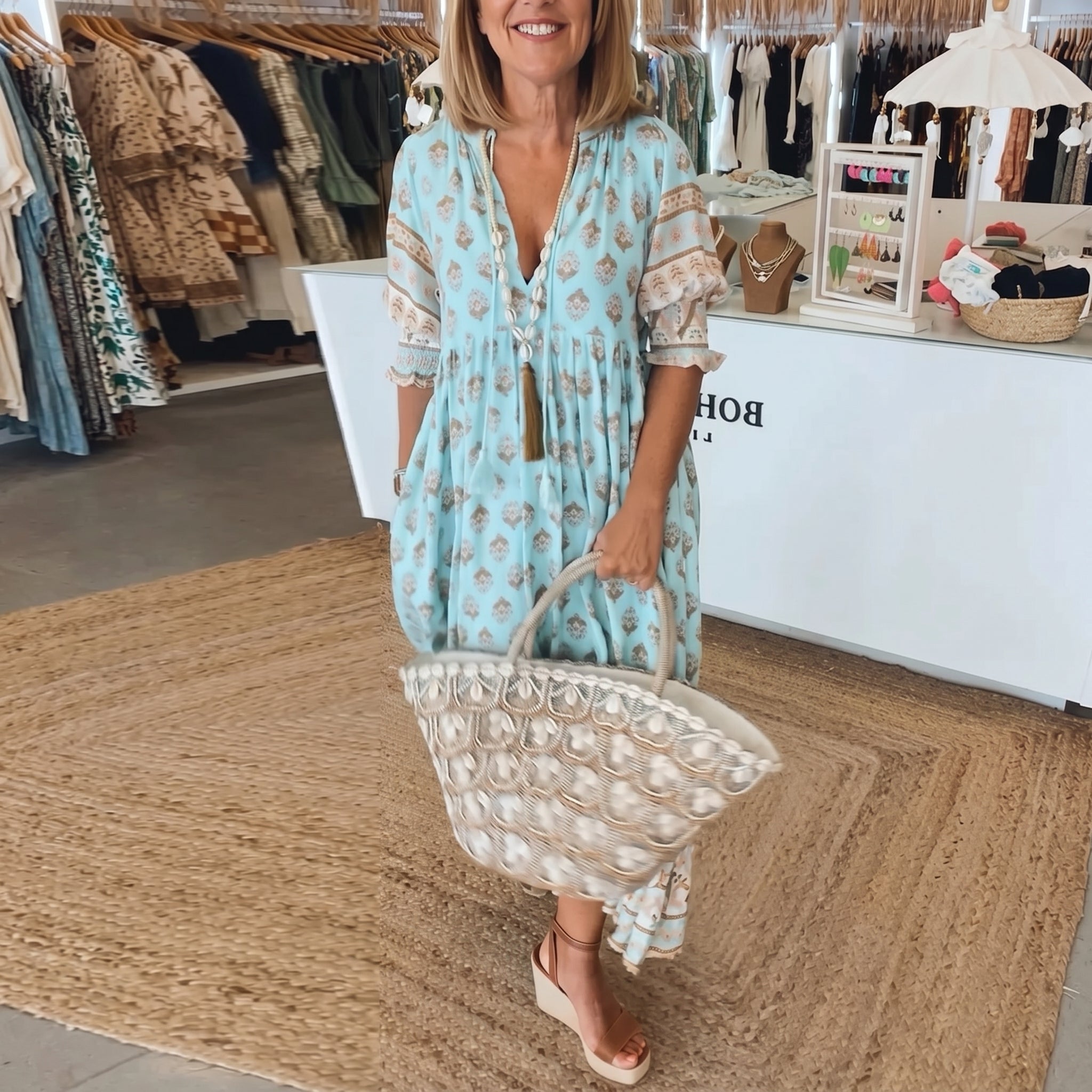 Jasmine - Women's Summer Boho Floral Tassel Tie Maxi Dress - Maxi Dress - Blue - Taylor & Bennett
