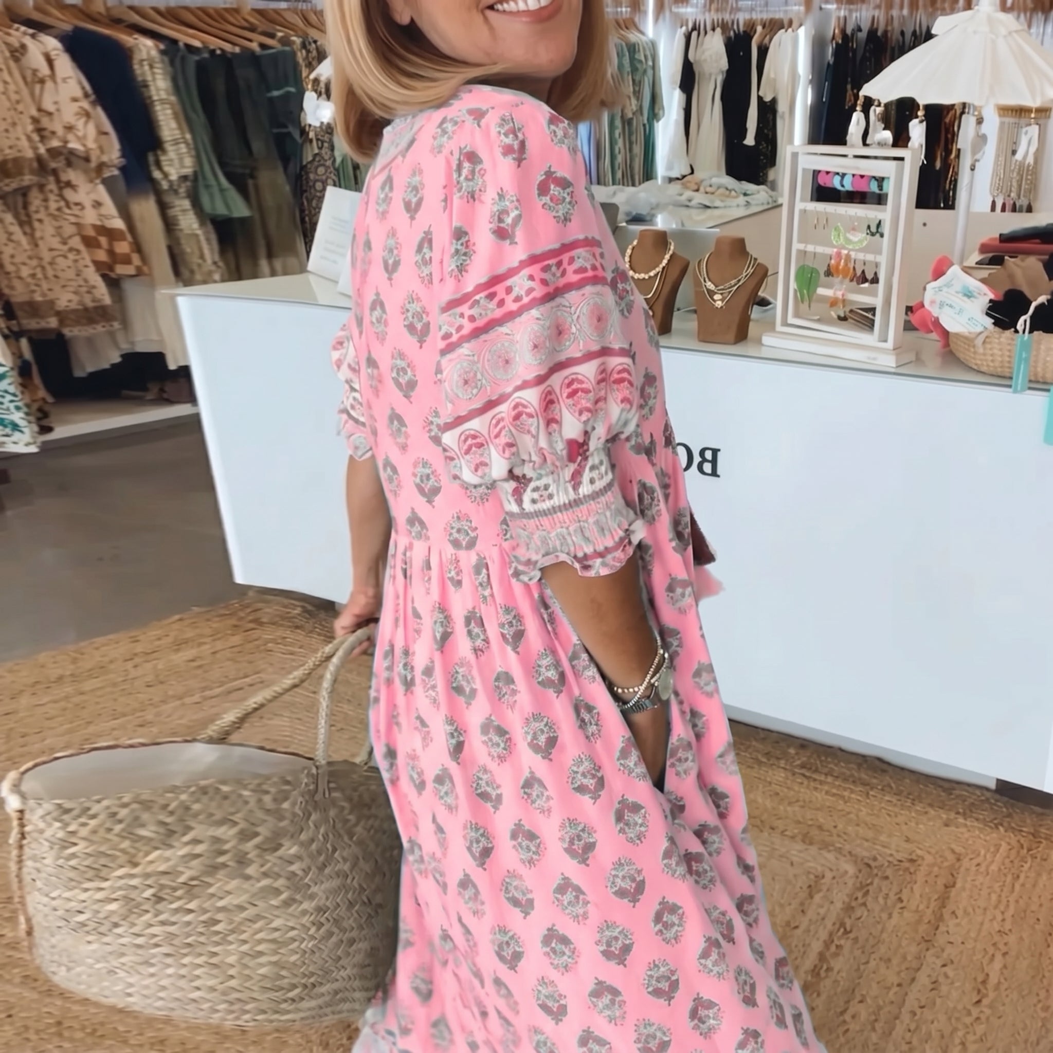 Jasmine - Women's Summer Boho Floral Tassel Tie Maxi Dress - Maxi Dress - Pink - Taylor & Bennett