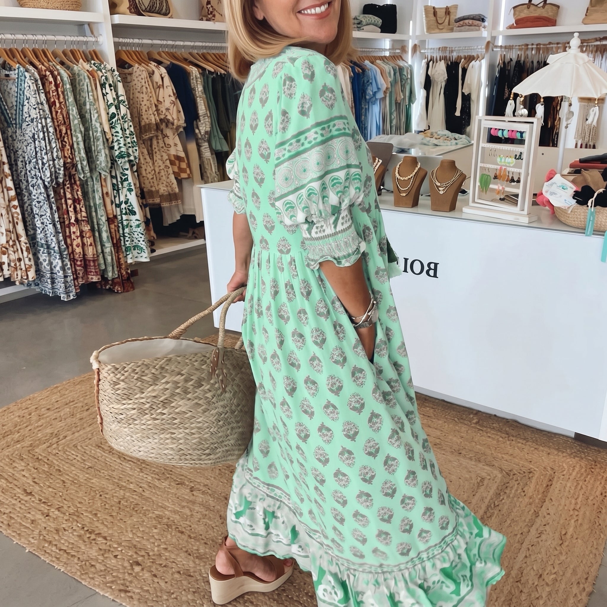 Jasmine - Women's Summer Boho Floral Tassel Tie Maxi Dress - Maxi Dress - Green - Taylor & Bennett