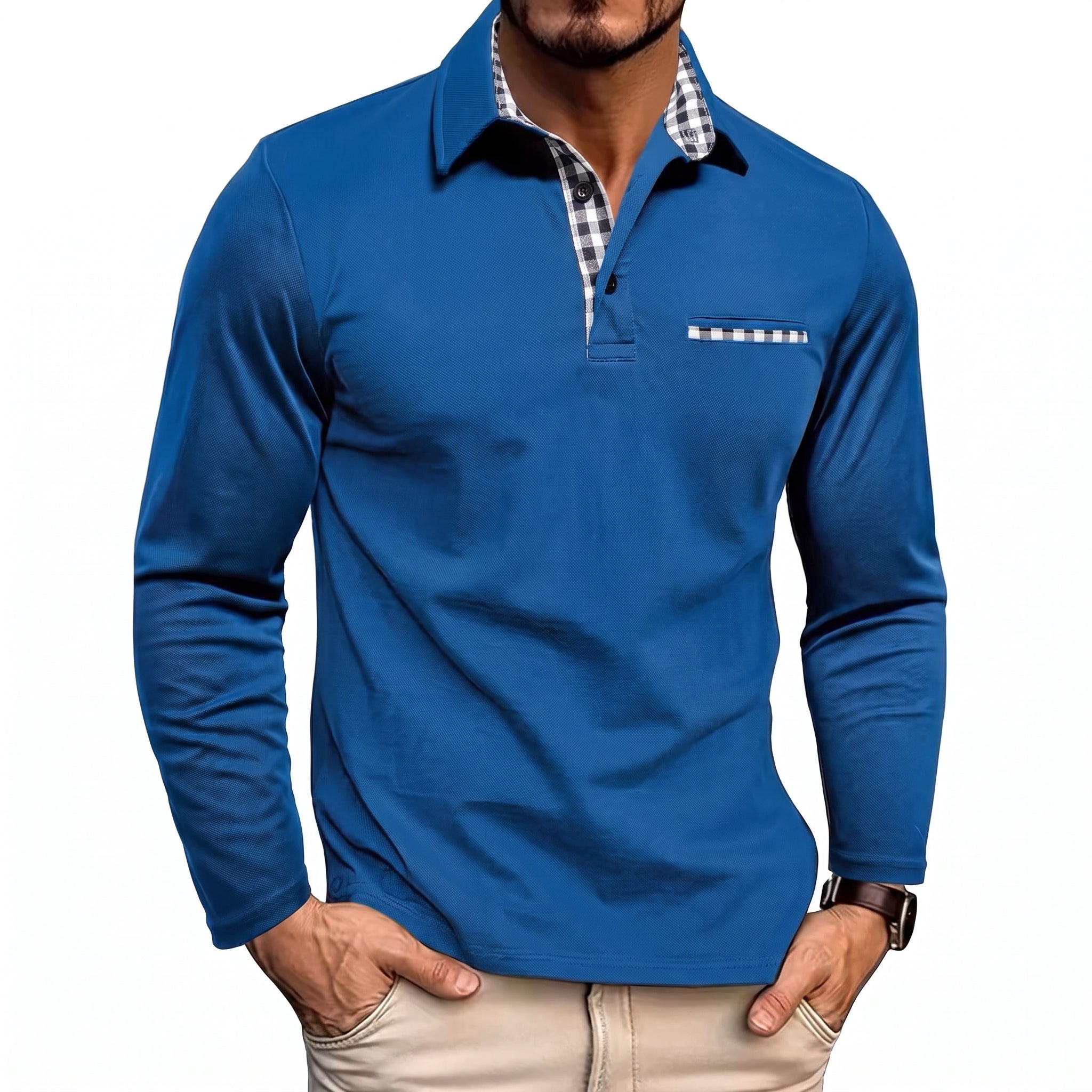 Johann - Men's Long Sleeve Polo Shirt with Contrast Check Collar - Polos - Dark Blue - Taylor & Bennett