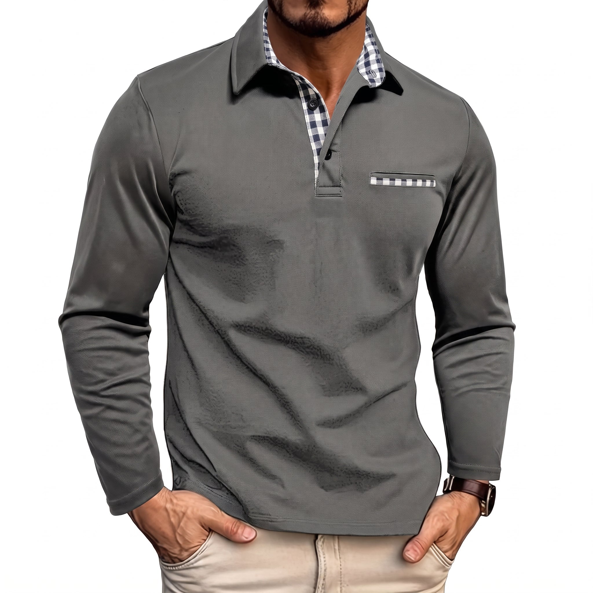 Johann - Men's Long Sleeve Polo Shirt with Contrast Check Collar - Polos - Gray - Taylor & Bennett